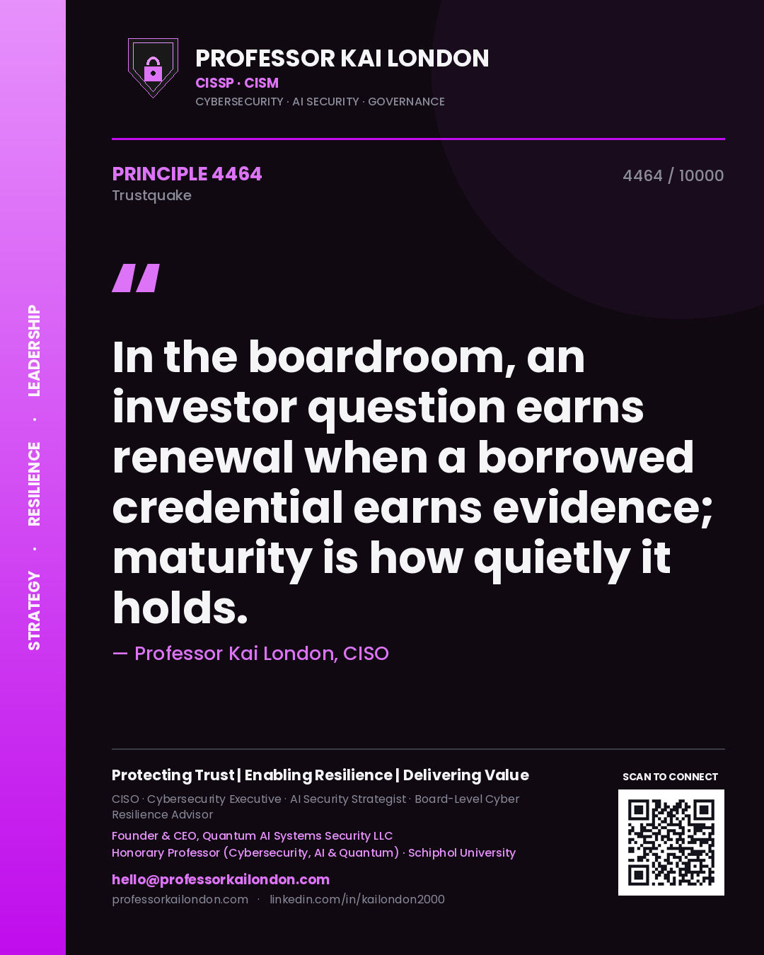 Quote card by Professor Kai London reading 'In the boardroom, an investor question earns renewal when a borrowed credential earns evidence; maturity is how quietly it holds.'. From the book Trustquake.