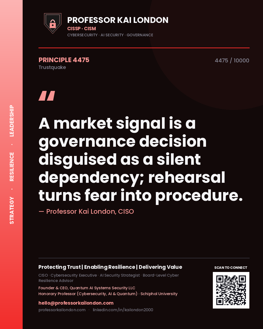 Quote card by Professor Kai London reading 'A market signal is a governance decision disguised as a silent dependency; rehearsal turns fear into procedure.'. From the book Trustquake.