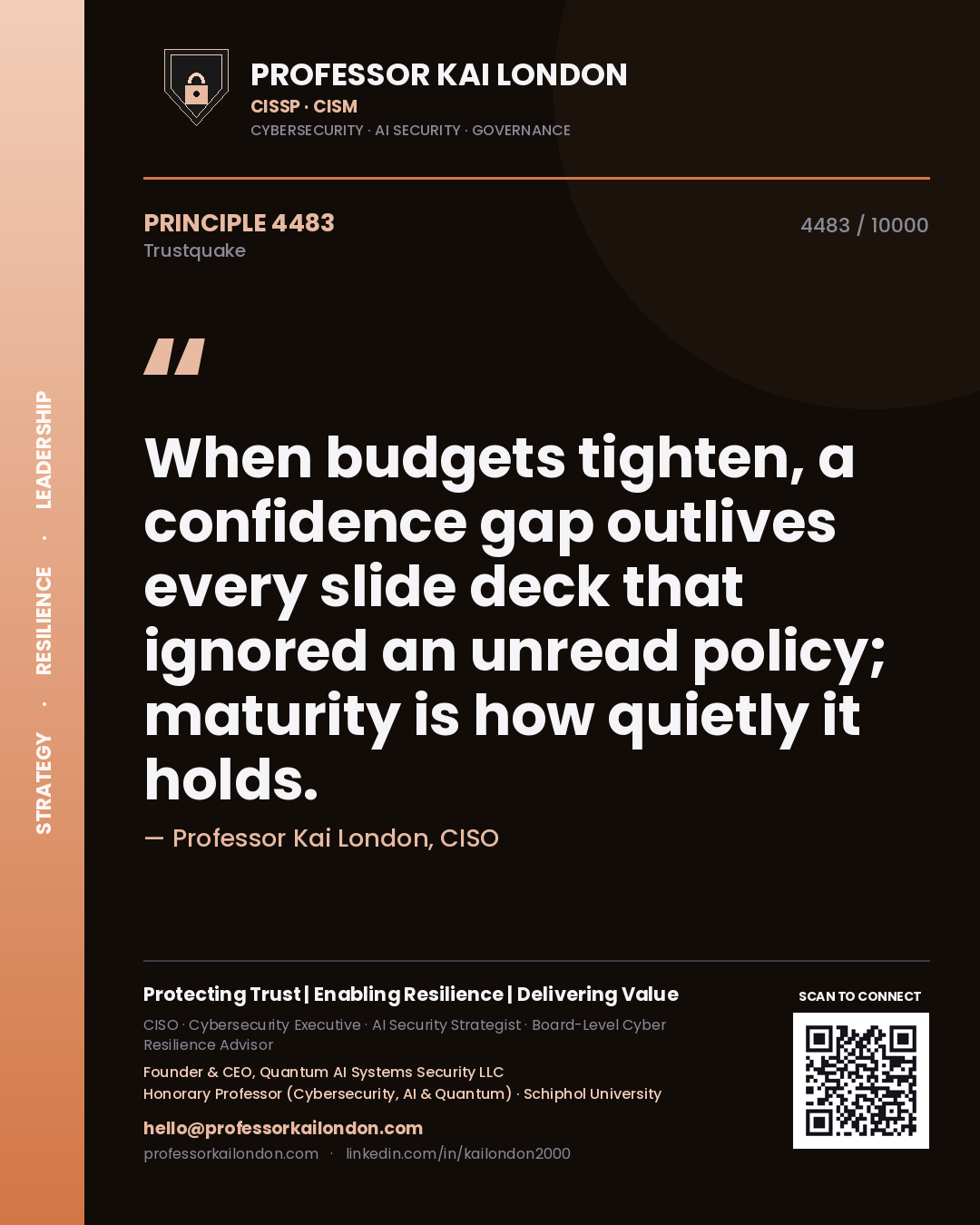 Quote card by Professor Kai London reading 'When budgets tighten, a confidence gap outlives every slide deck that ignored an unread policy; maturity is how quietly it holds.'. From the book Trustquake.