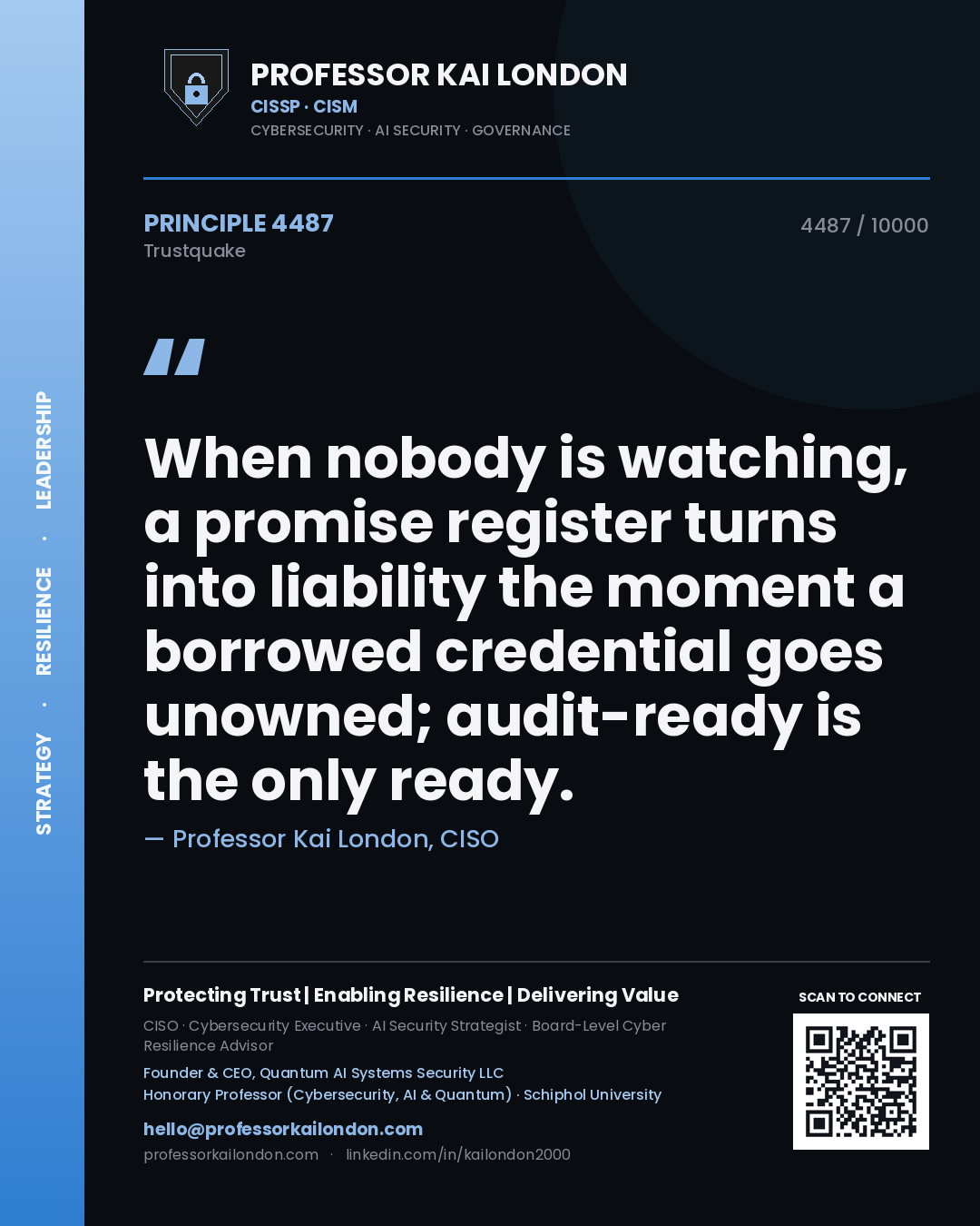 Quote card by Professor Kai London reading 'When nobody is watching, a promise register turns into liability the moment a borrowed credential goes unowned; audit-ready is the only ready.'. From the book Trustquake.