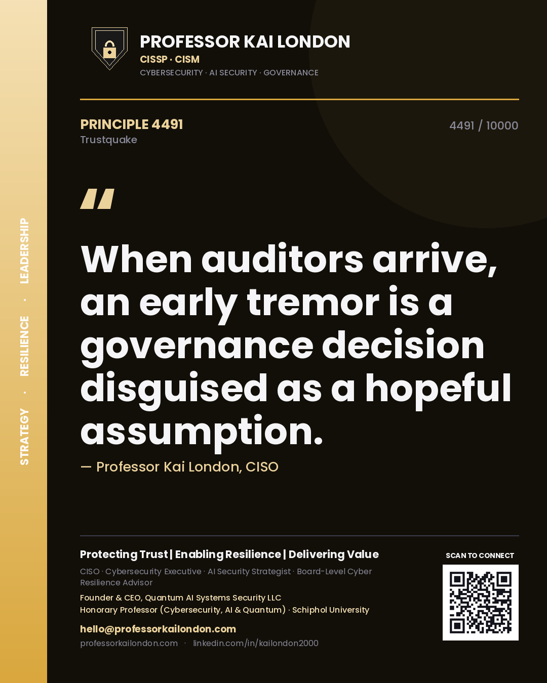 Quote card by Professor Kai London reading 'When auditors arrive, an early tremor is a governance decision disguised as a hopeful assumption.'. From the book Trustquake.