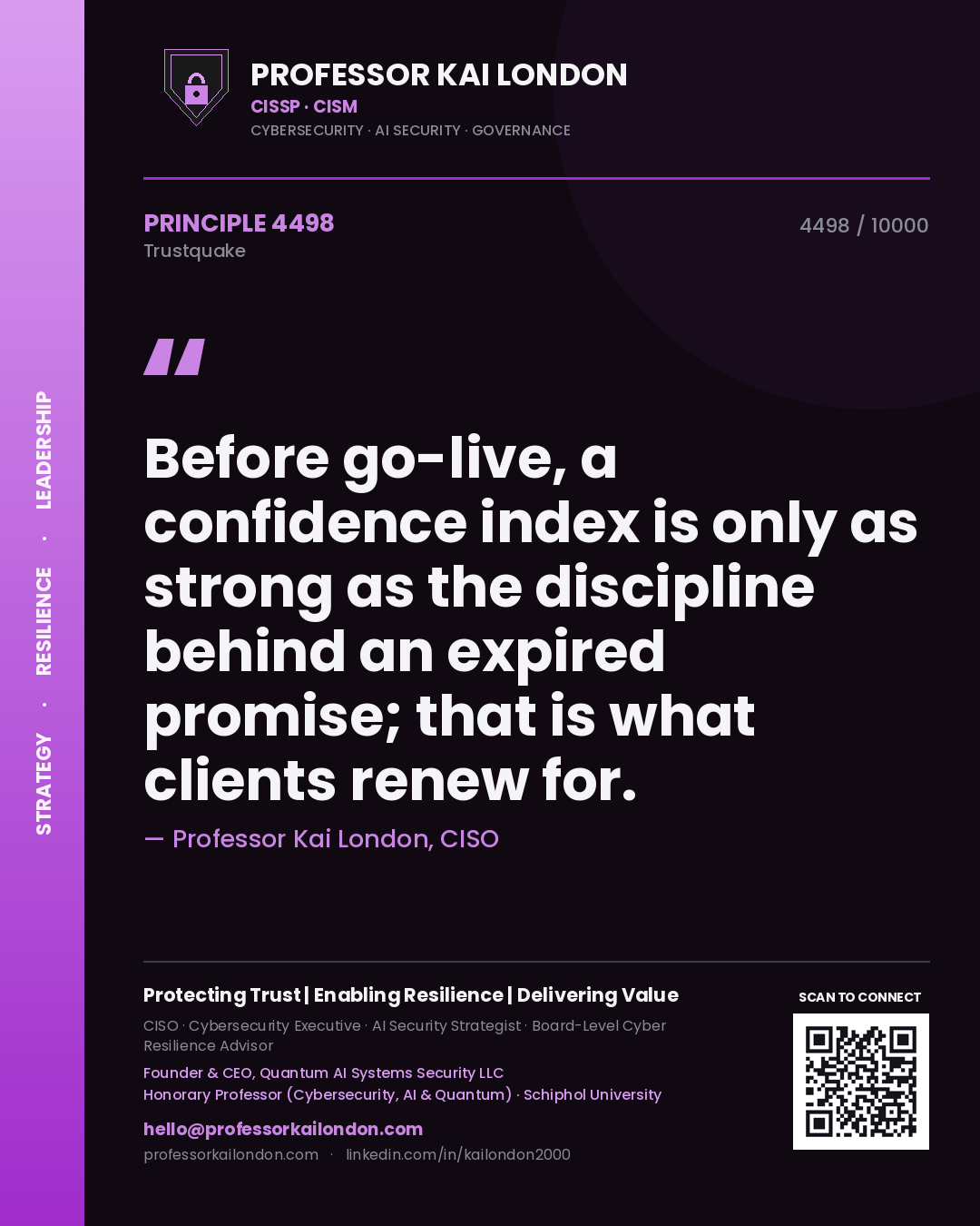 Quote card by Professor Kai London reading 'Before go-live, a confidence index is only as strong as the discipline behind an expired promise; that is what clients renew for.'. From the book Trustquake.