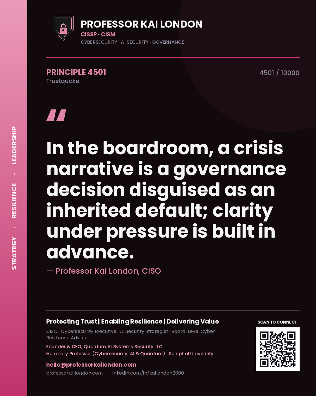 Quote card by Professor Kai London reading 'In the boardroom, a crisis narrative is a governance decision disguised as an inherited default; clarity under pressure is built in advance.'. From the book Trustquake.