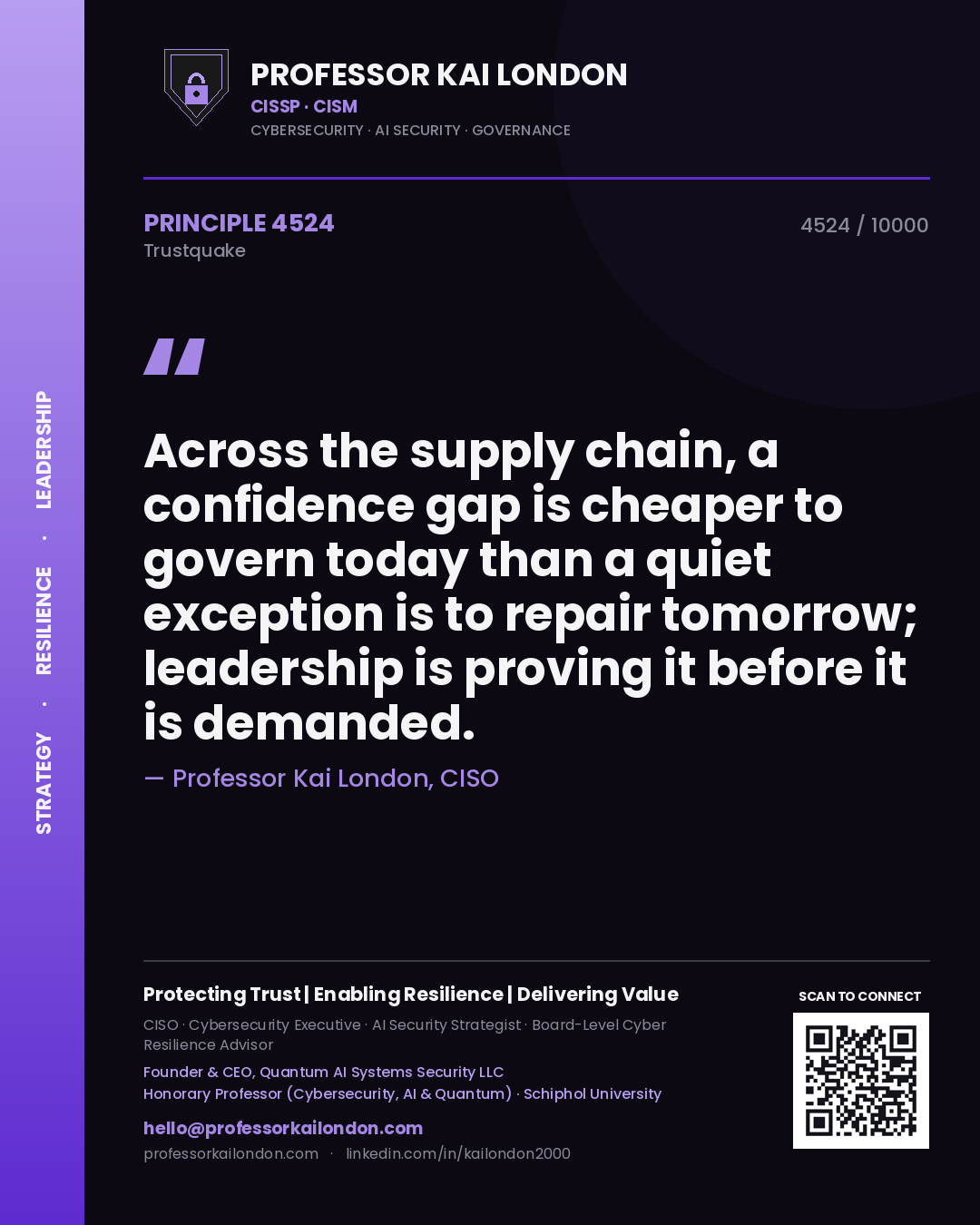 Quote card by Professor Kai London reading 'Across the supply chain, a confidence gap is cheaper to govern today than a quiet exception is to repair tomorrow; leadership is proving it before it is demanded.'. From the book Trustquake.