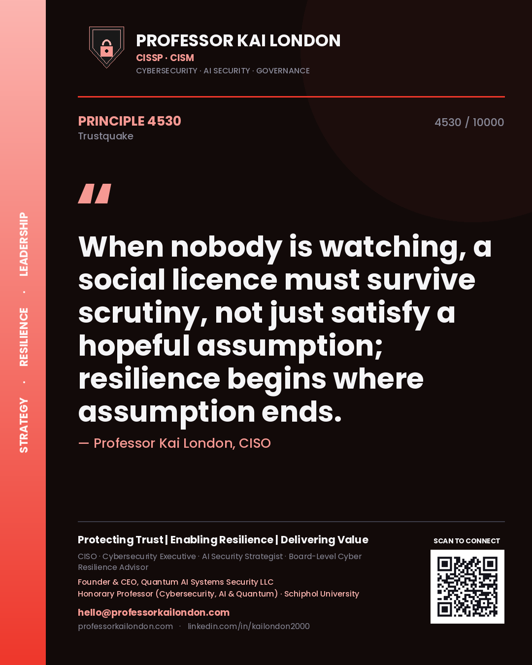 Quote card by Professor Kai London reading 'When nobody is watching, a social licence must survive scrutiny, not just satisfy a hopeful assumption; resilience begins where assumption ends.'. From the book Trustquake.