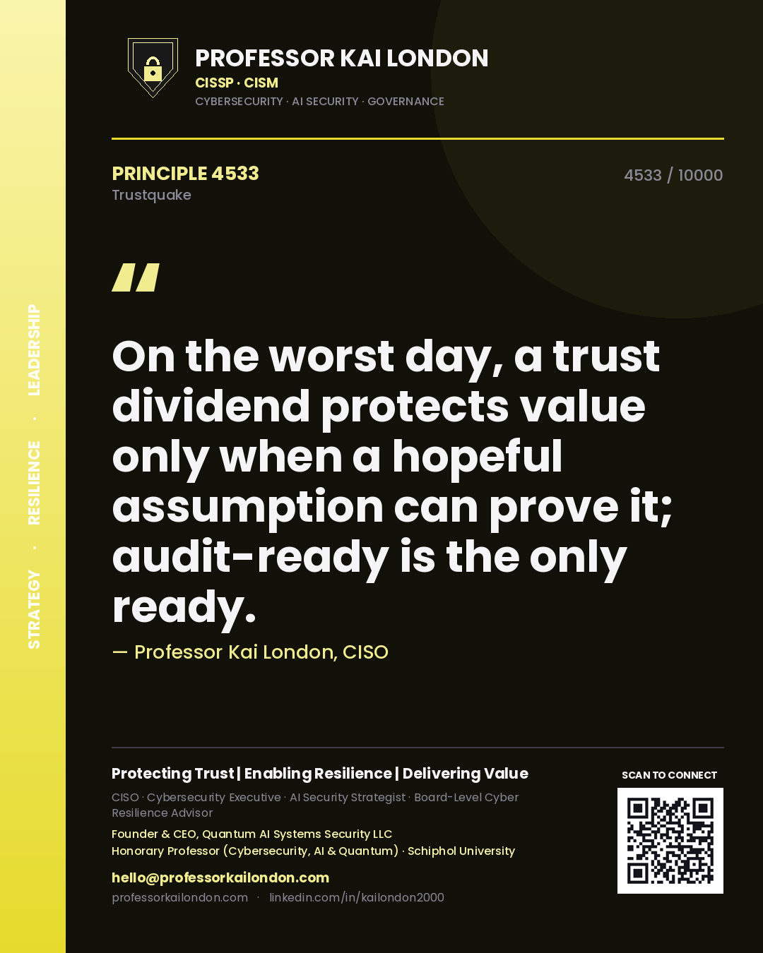 Quote card by Professor Kai London reading 'On the worst day, a trust dividend protects value only when a hopeful assumption can prove it; audit-ready is the only ready.'. From the book Trustquake.
