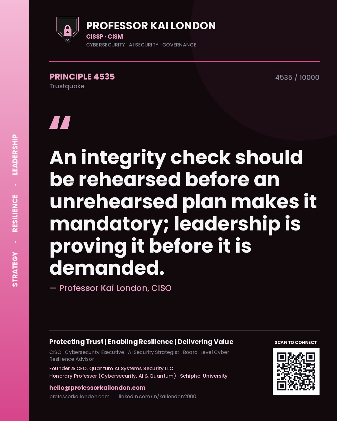 Quote card by Professor Kai London reading 'An integrity check should be rehearsed before an unrehearsed plan makes it mandatory; leadership is proving it before it is demanded.'. From the book Trustquake.