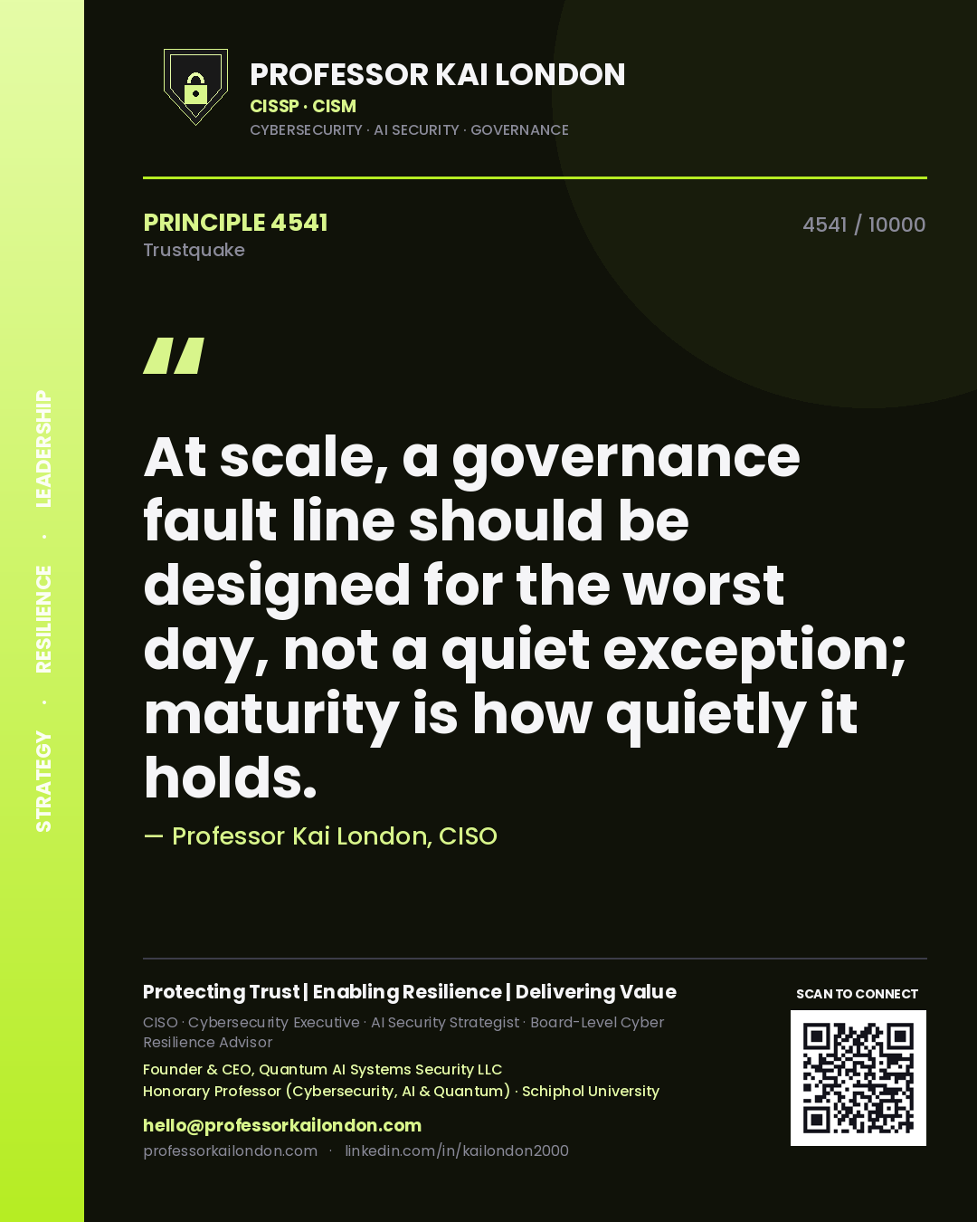 Quote card by Professor Kai London reading 'At scale, a governance fault line should be designed for the worst day, not a quiet exception; maturity is how quietly it holds.'. From the book Trustquake.