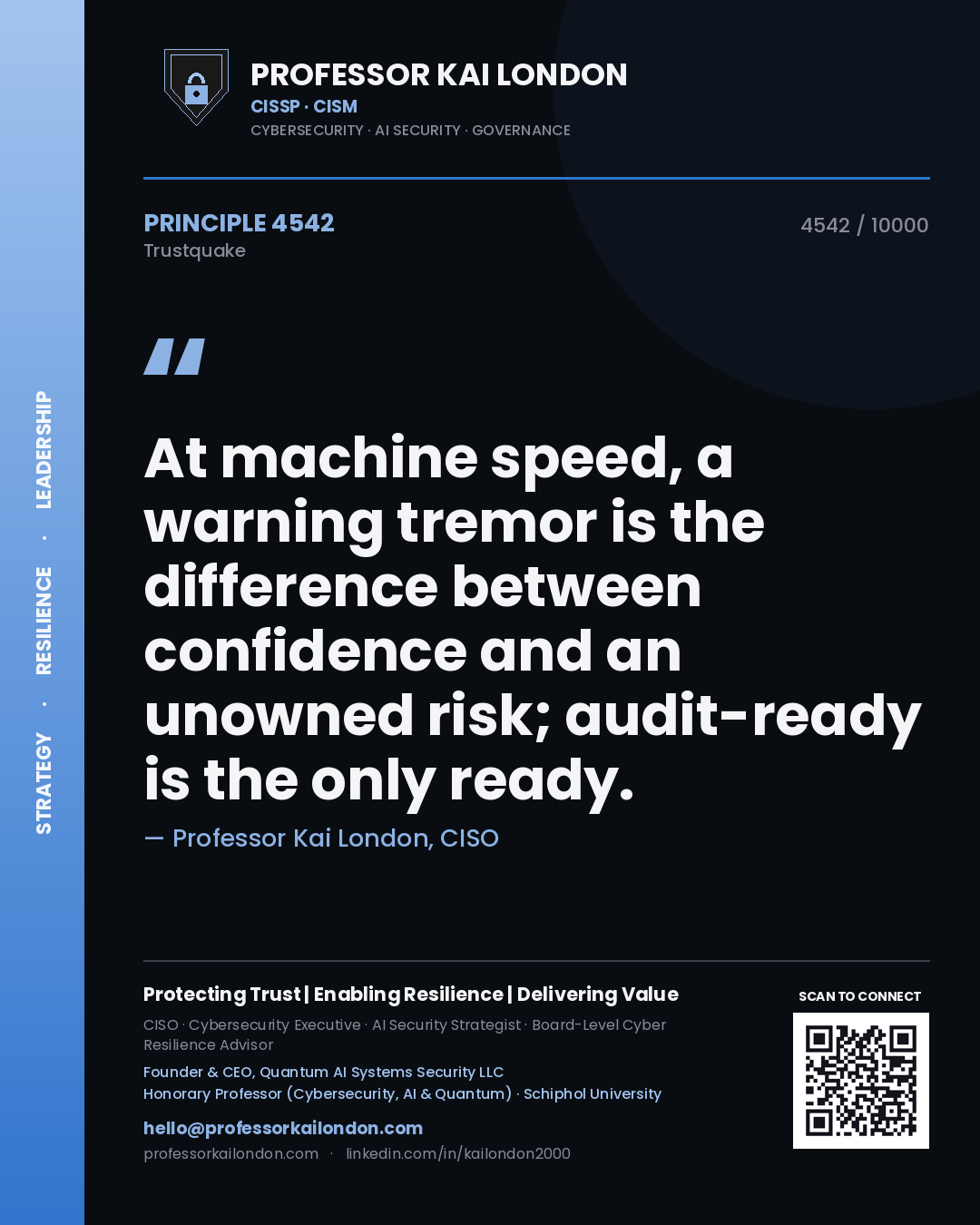 Quote card by Professor Kai London reading 'At machine speed, a warning tremor is the difference between confidence and an unowned risk; audit-ready is the only ready.'. From the book Trustquake.