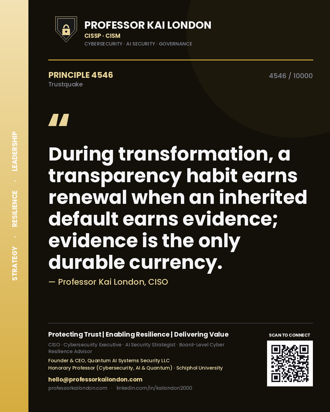 Quote card by Professor Kai London reading 'During transformation, a transparency habit earns renewal when an inherited default earns evidence; evidence is the only durable currency.'. From the book Trustquake.