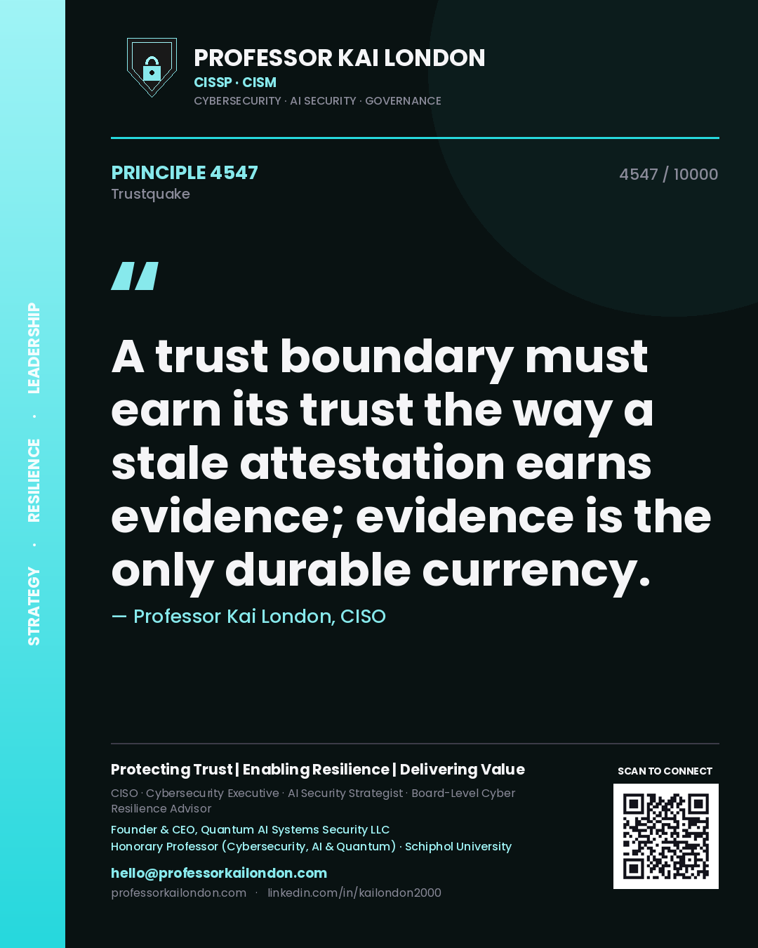 Quote card by Professor Kai London reading 'A trust boundary must earn its trust the way a stale attestation earns evidence; evidence is the only durable currency.'. From the book Trustquake.