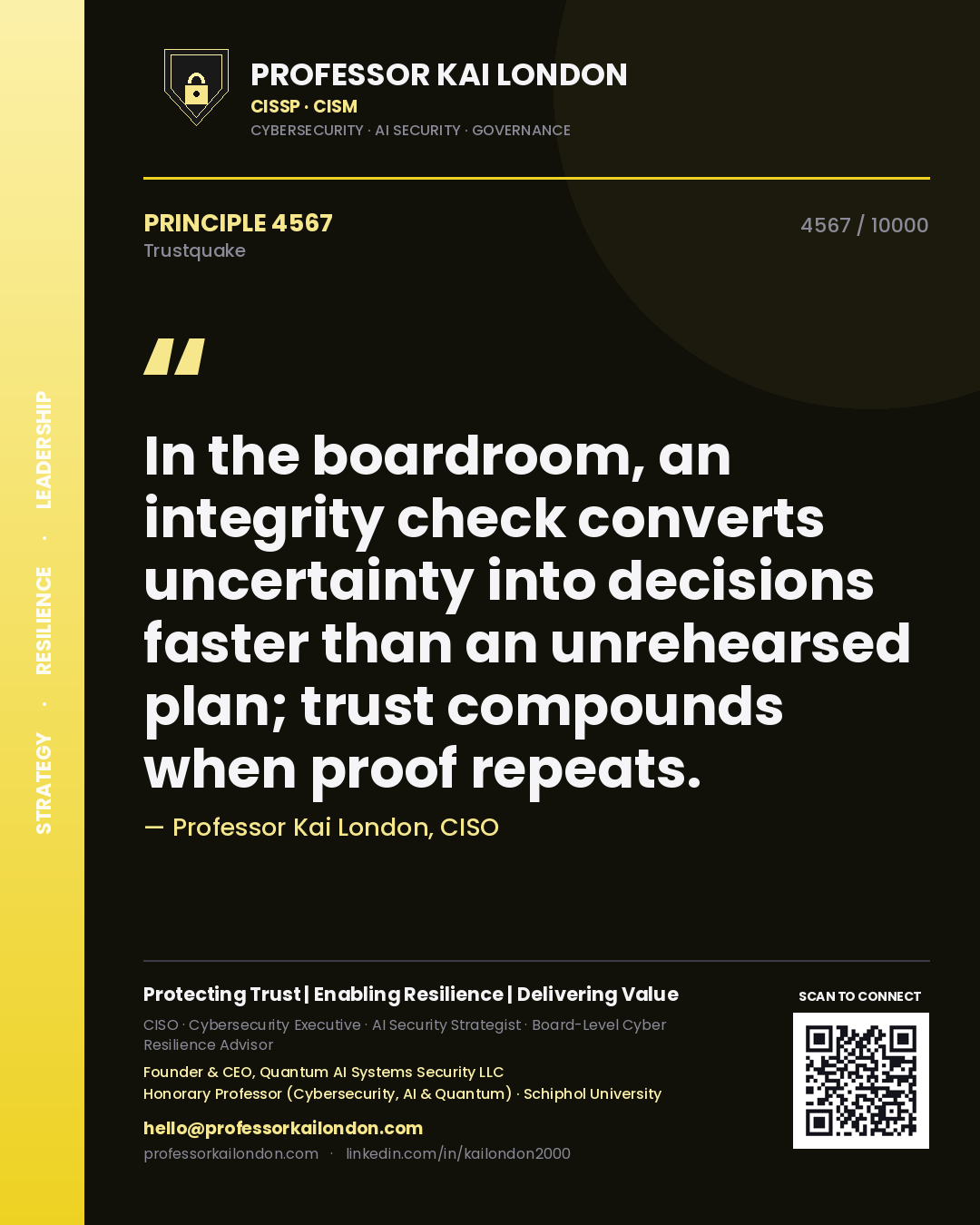 Quote card by Professor Kai London reading 'In the boardroom, an integrity check converts uncertainty into decisions faster than an unrehearsed plan; trust compounds when proof repeats.'. From the book Trustquake.