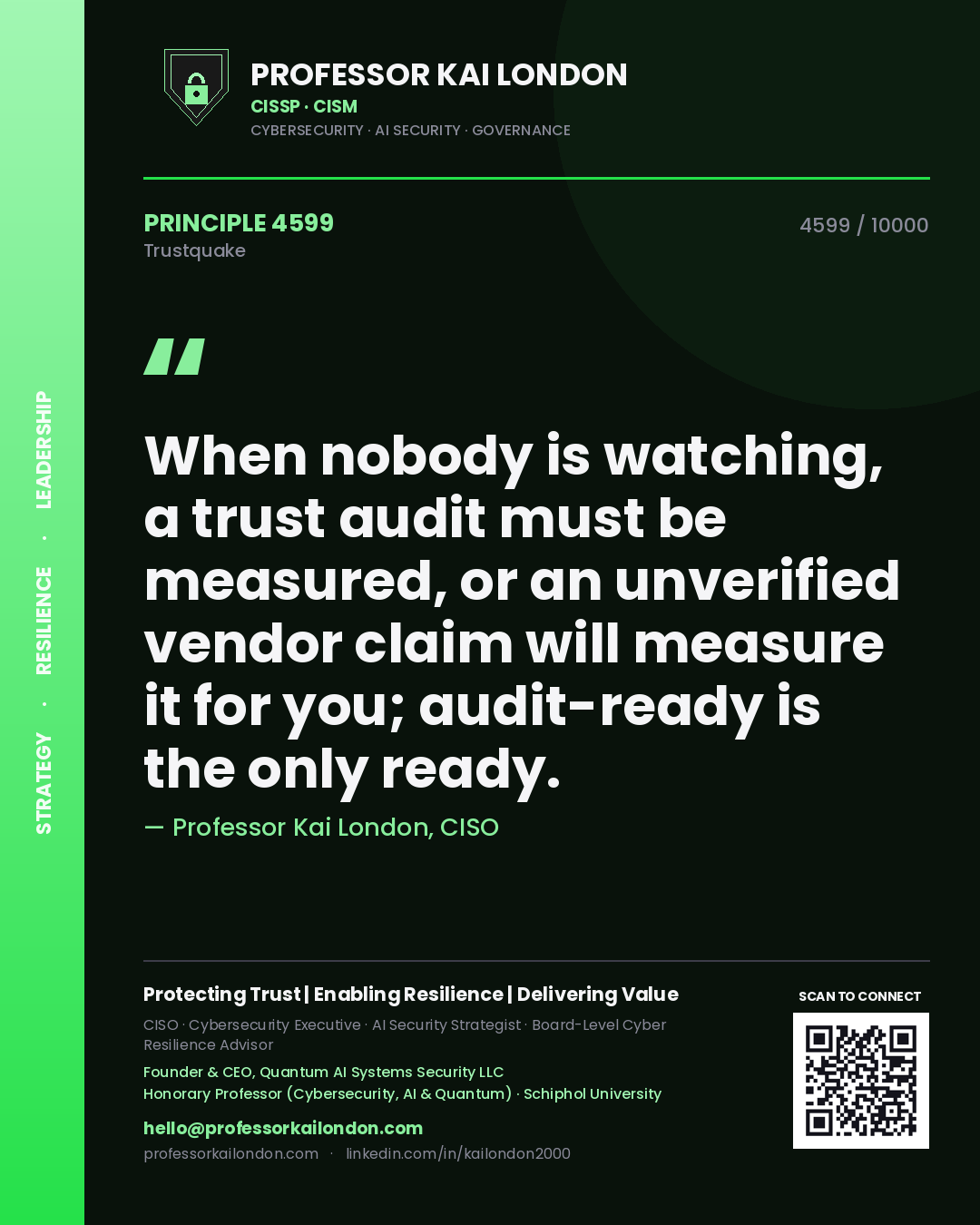 Quote card by Professor Kai London reading 'When nobody is watching, a trust audit must be measured, or an unverified vendor claim will measure it for you; audit-ready is the only ready.'. From the book Trustquake.