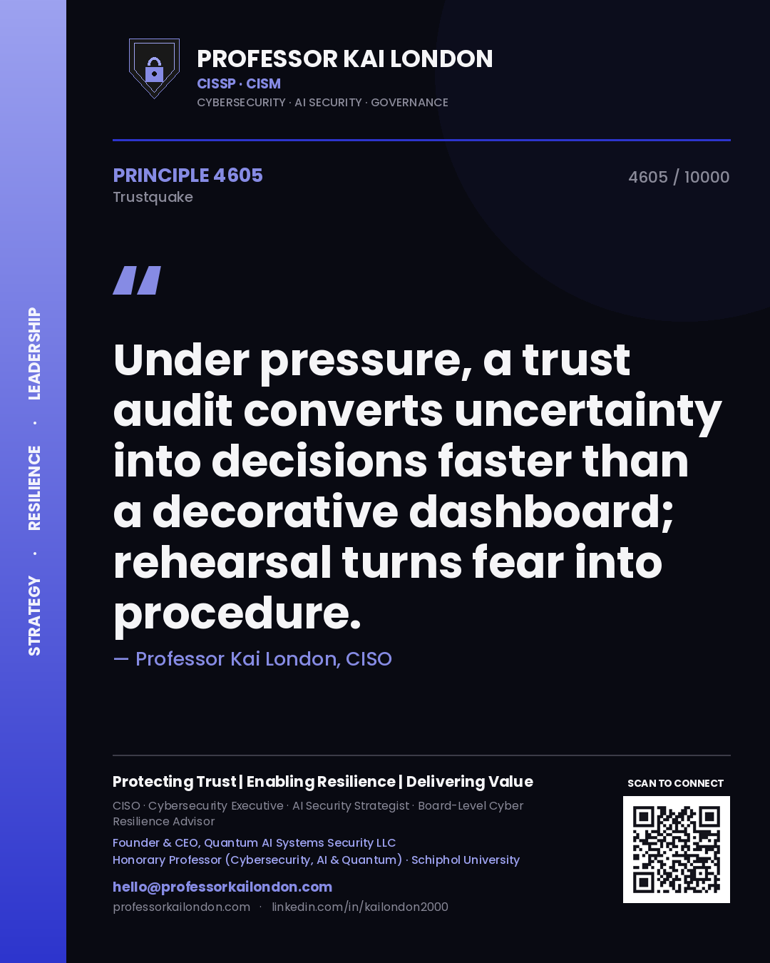 Quote card by Professor Kai London reading 'Under pressure, a trust audit converts uncertainty into decisions faster than a decorative dashboard; rehearsal turns fear into procedure.'. From the book Trustquake.