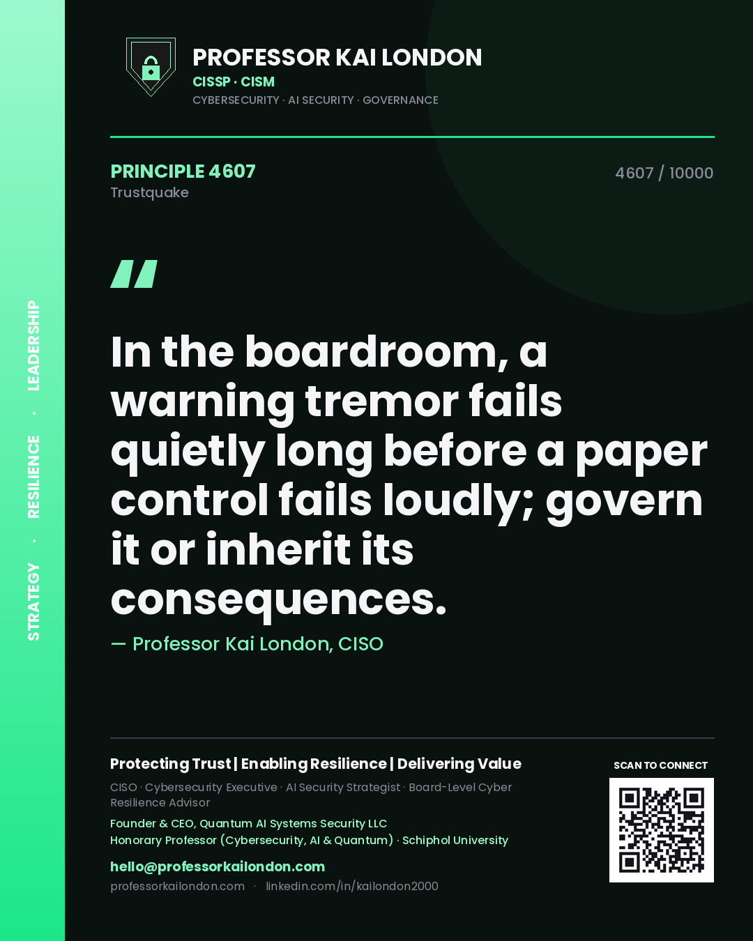 Professor Kai London principle 4607: In the boardroom, a warning tremor fails quietly long before a paper control fails loudly; govern it or inherit its consequences.