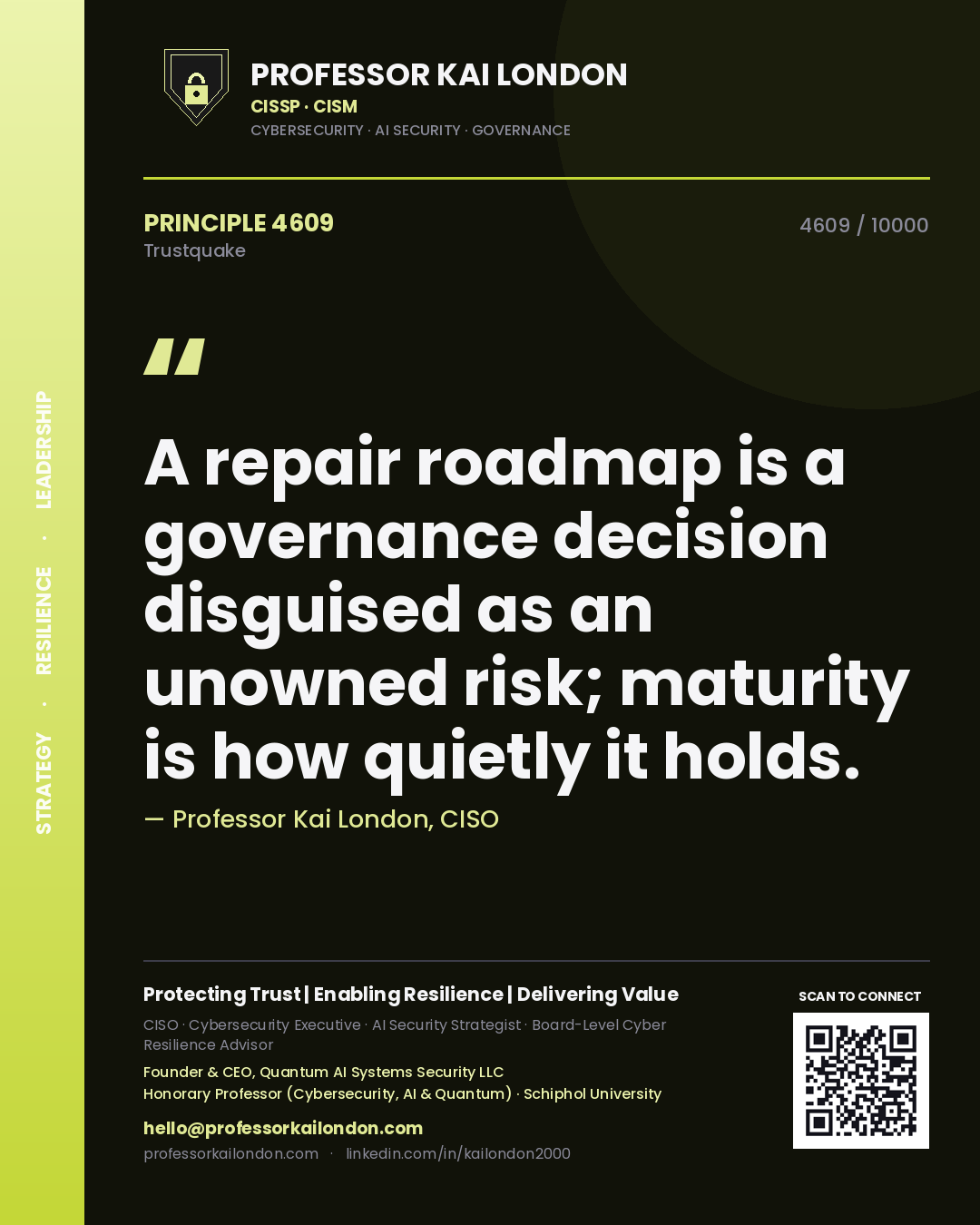 Quote card by Professor Kai London reading 'A repair roadmap is a governance decision disguised as an unowned risk; maturity is how quietly it holds.'. From the book Trustquake.