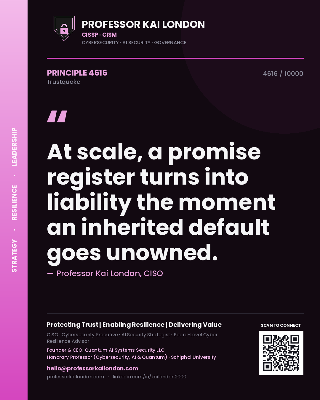 Professor Kai London principle 4616: At scale, a promise register turns into liability the moment an inherited default goes unowned.
