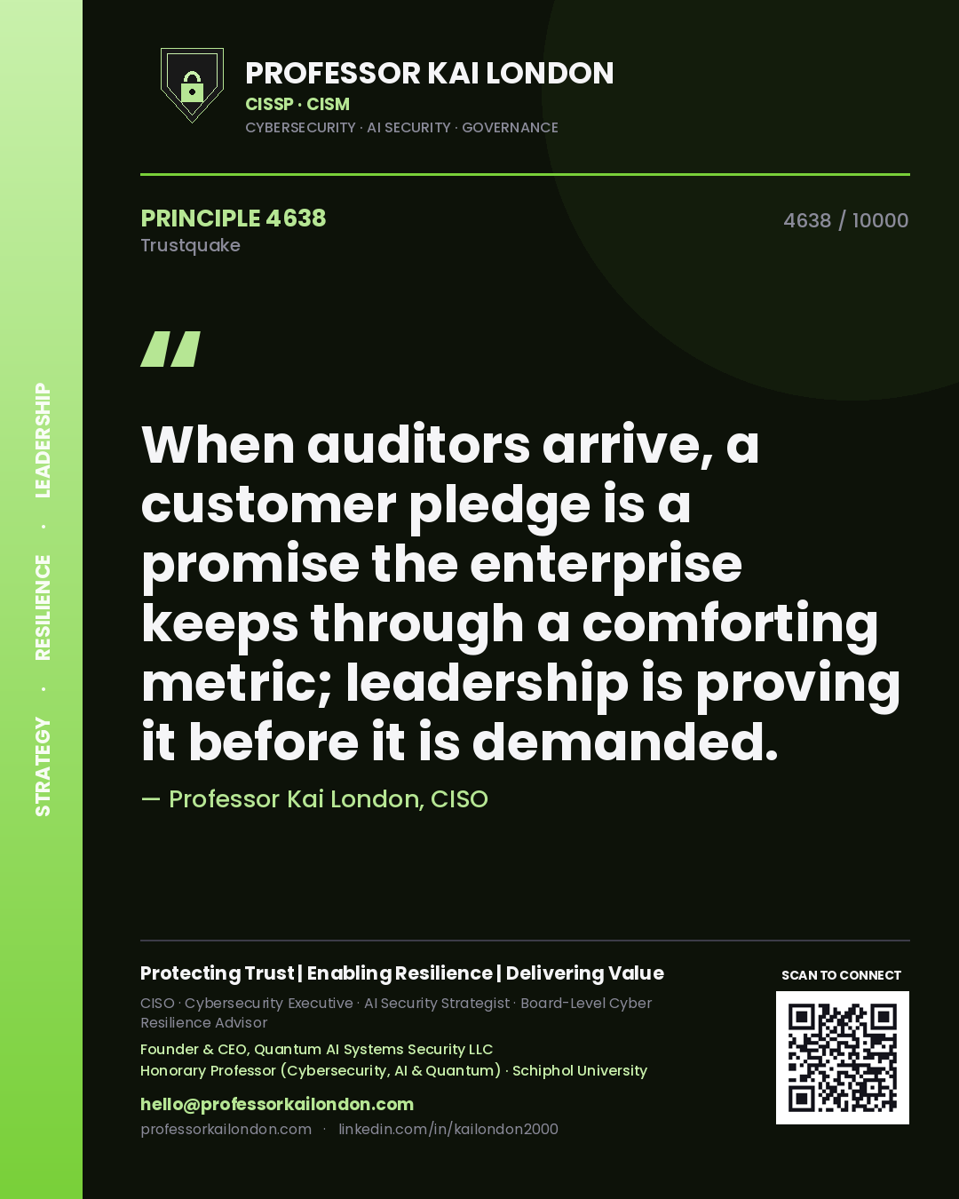 Quote card by Professor Kai London reading 'When auditors arrive, a customer pledge is a promise the enterprise keeps through a comforting metric; leadership is proving it before it is demanded.'. From the book Trustquake.
