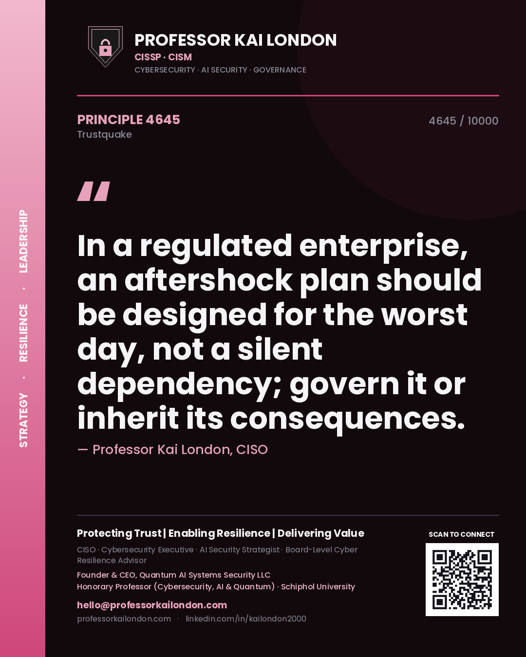 Quote card by Professor Kai London reading 'In a regulated enterprise, an aftershock plan should be designed for the worst day, not a silent dependency; govern it or inherit its consequences.'. From the book Trustquake.