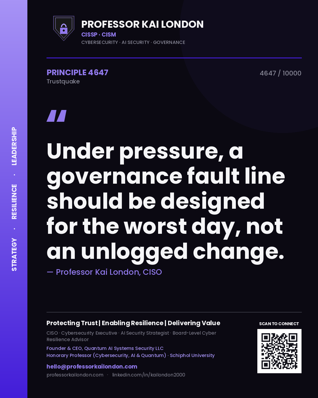 Quote card by Professor Kai London reading 'Under pressure, a governance fault line should be designed for the worst day, not an unlogged change.'. From the book Trustquake.