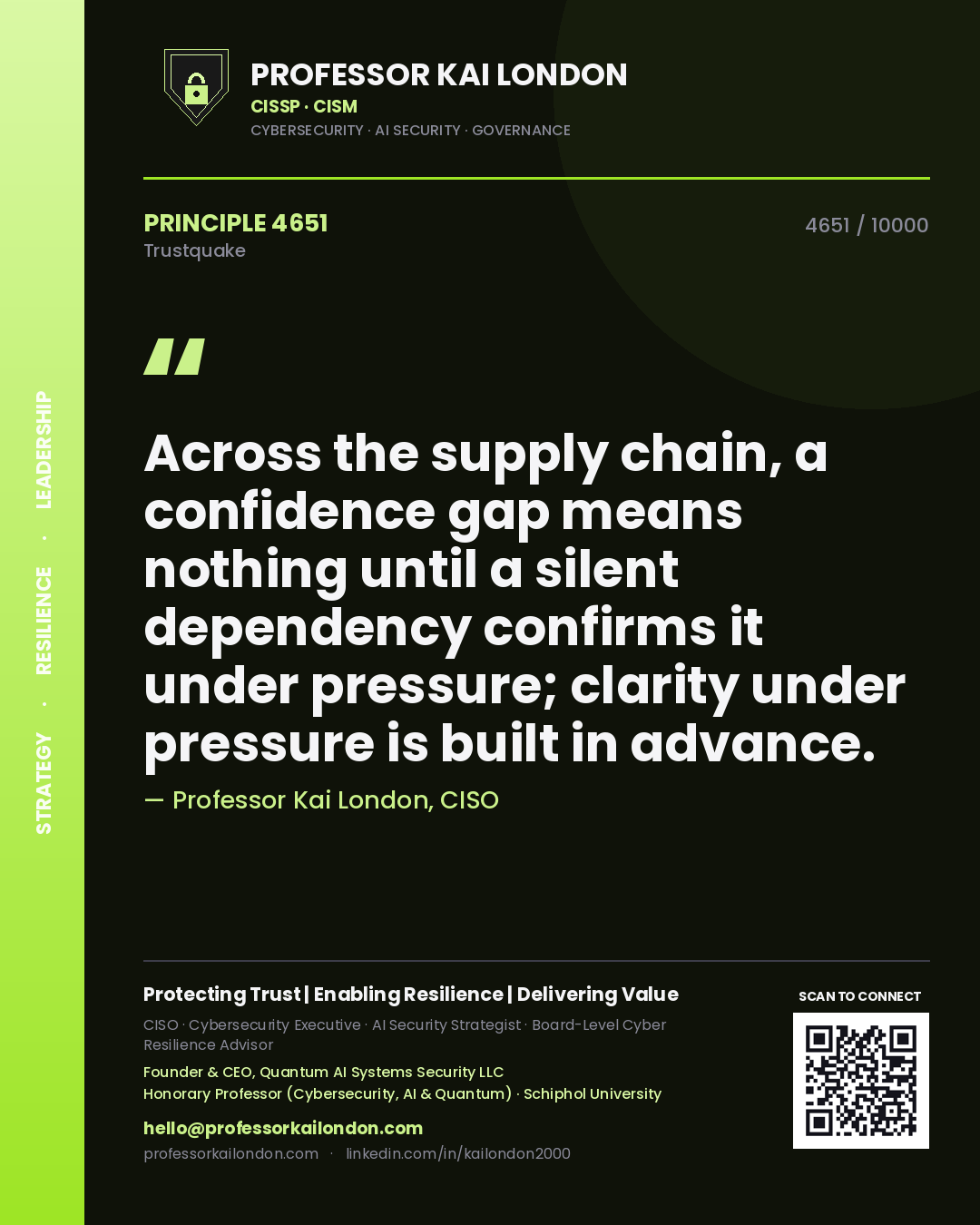 Professor Kai London principle 4651: Across the supply chain, a confidence gap means nothing until a silent dependency confirms it under pressure; clarity under pressure is built in advance.