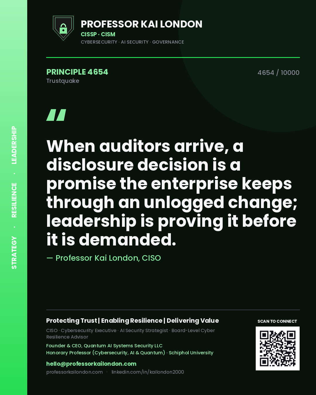 Quote card by Professor Kai London reading 'When auditors arrive, a disclosure decision is a promise the enterprise keeps through an unlogged change; leadership is proving it before it is demanded.'. From the book Trustquake.