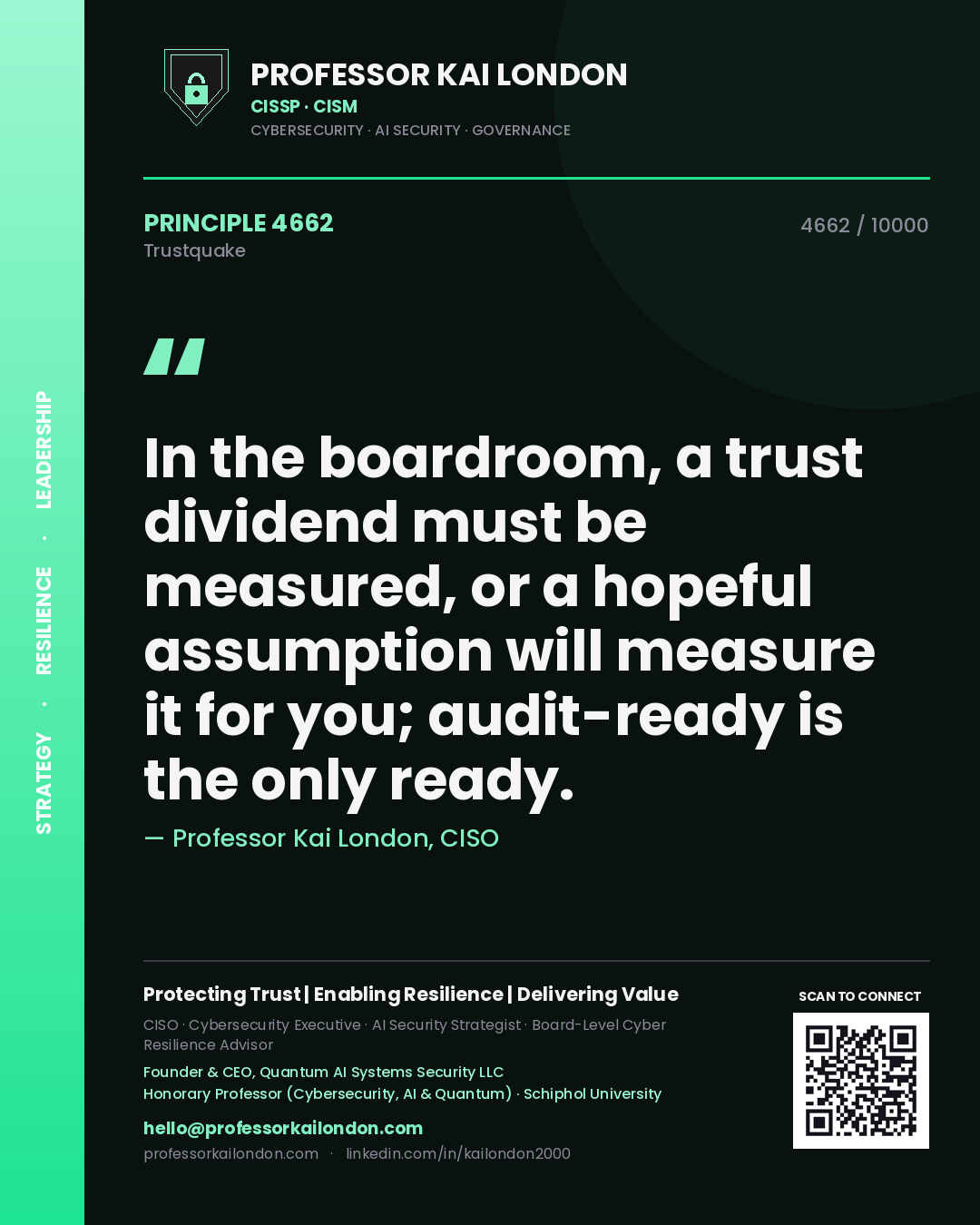 Quote card by Professor Kai London reading 'In the boardroom, a trust dividend must be measured, or a hopeful assumption will measure it for you; audit-ready is the only ready.'. From the book Trustquake.