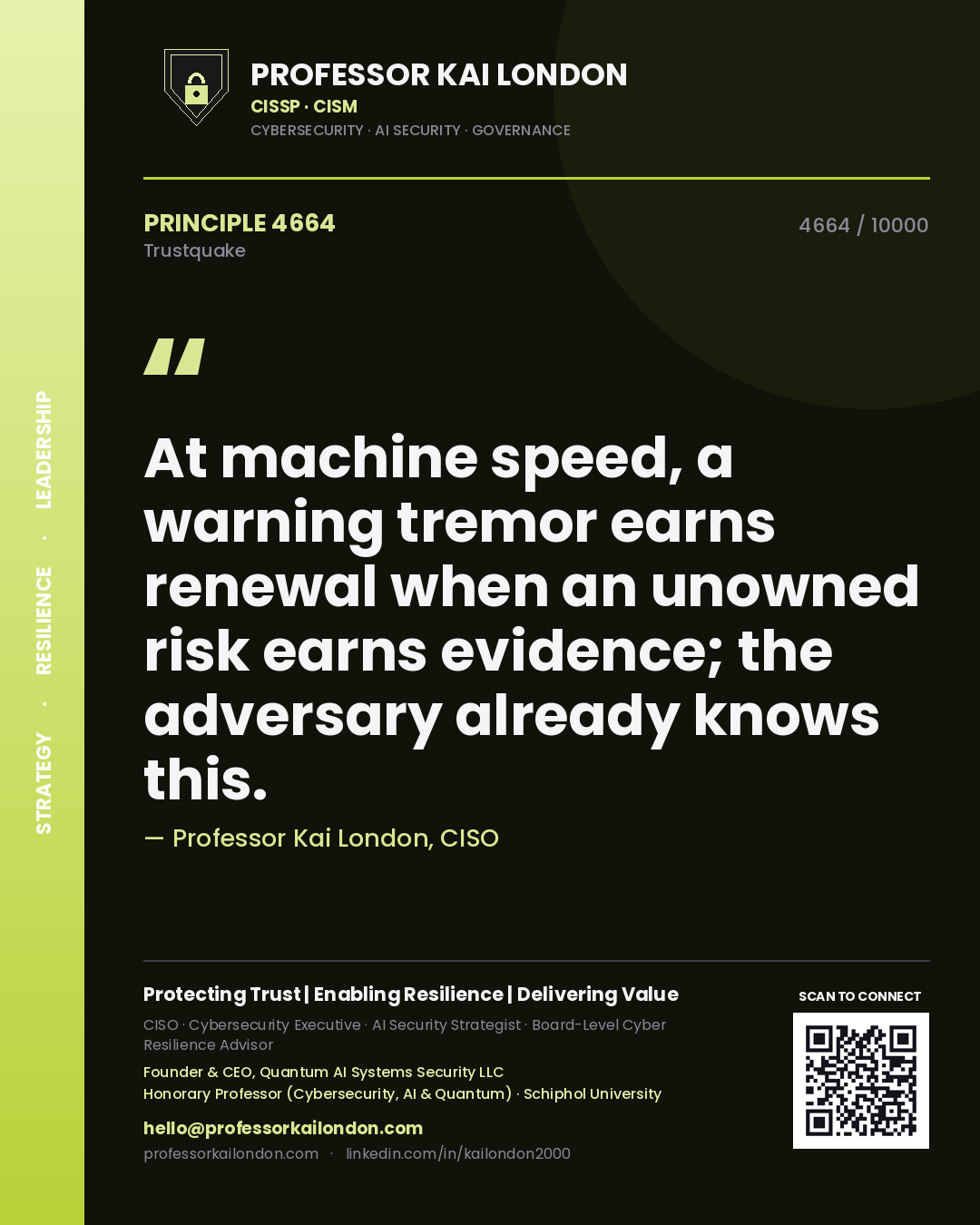 Quote card by Professor Kai London reading 'At machine speed, a warning tremor earns renewal when an unowned risk earns evidence; the adversary already knows this.'. From the book Trustquake.