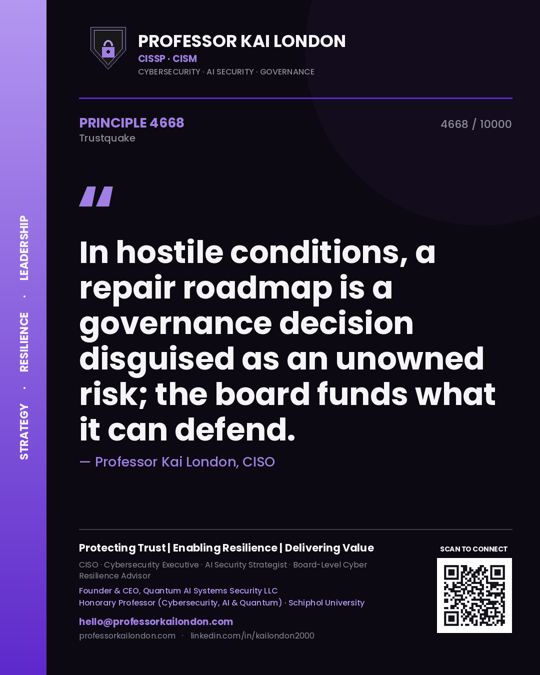 Quote card by Professor Kai London reading 'In hostile conditions, a repair roadmap is a governance decision disguised as an unowned risk; the board funds what it can defend.'. From the book Trustquake.