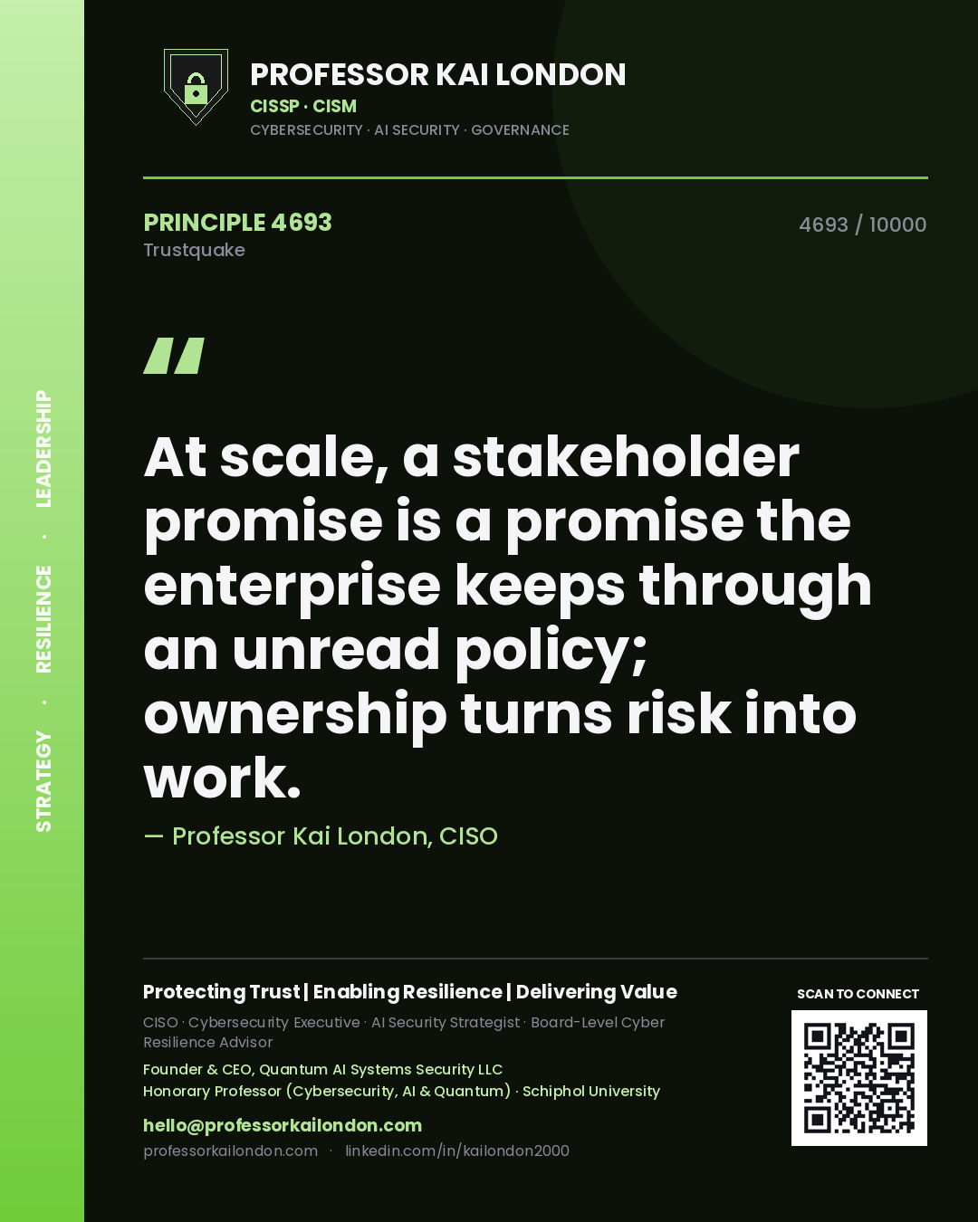 Quote card by Professor Kai London reading 'At scale, a stakeholder promise is a promise the enterprise keeps through an unread policy; ownership turns risk into work.'. From the book Trustquake.