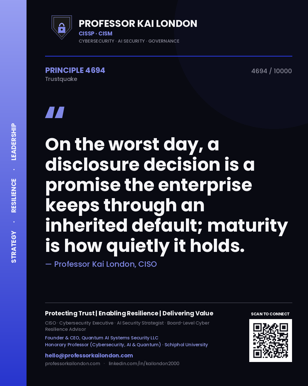 Quote card by Professor Kai London reading 'On the worst day, a disclosure decision is a promise the enterprise keeps through an inherited default; maturity is how quietly it holds.'. From the book Trustquake.