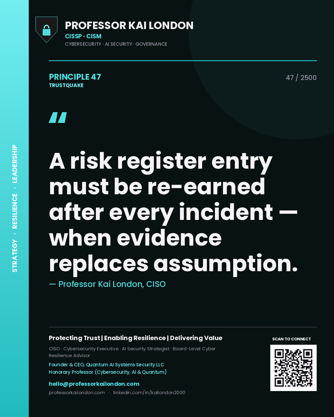 Quote card by Professor Kai London reading 'A risk register entry must be re-earned after every incident — when evidence replaces assumption.'. From the book Trustquake.