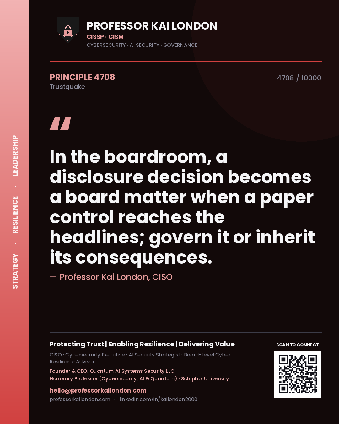 Quote card by Professor Kai London reading 'In the boardroom, a disclosure decision becomes a board matter when a paper control reaches the headlines; govern it or inherit its consequences.'. From the book Trustquake.
