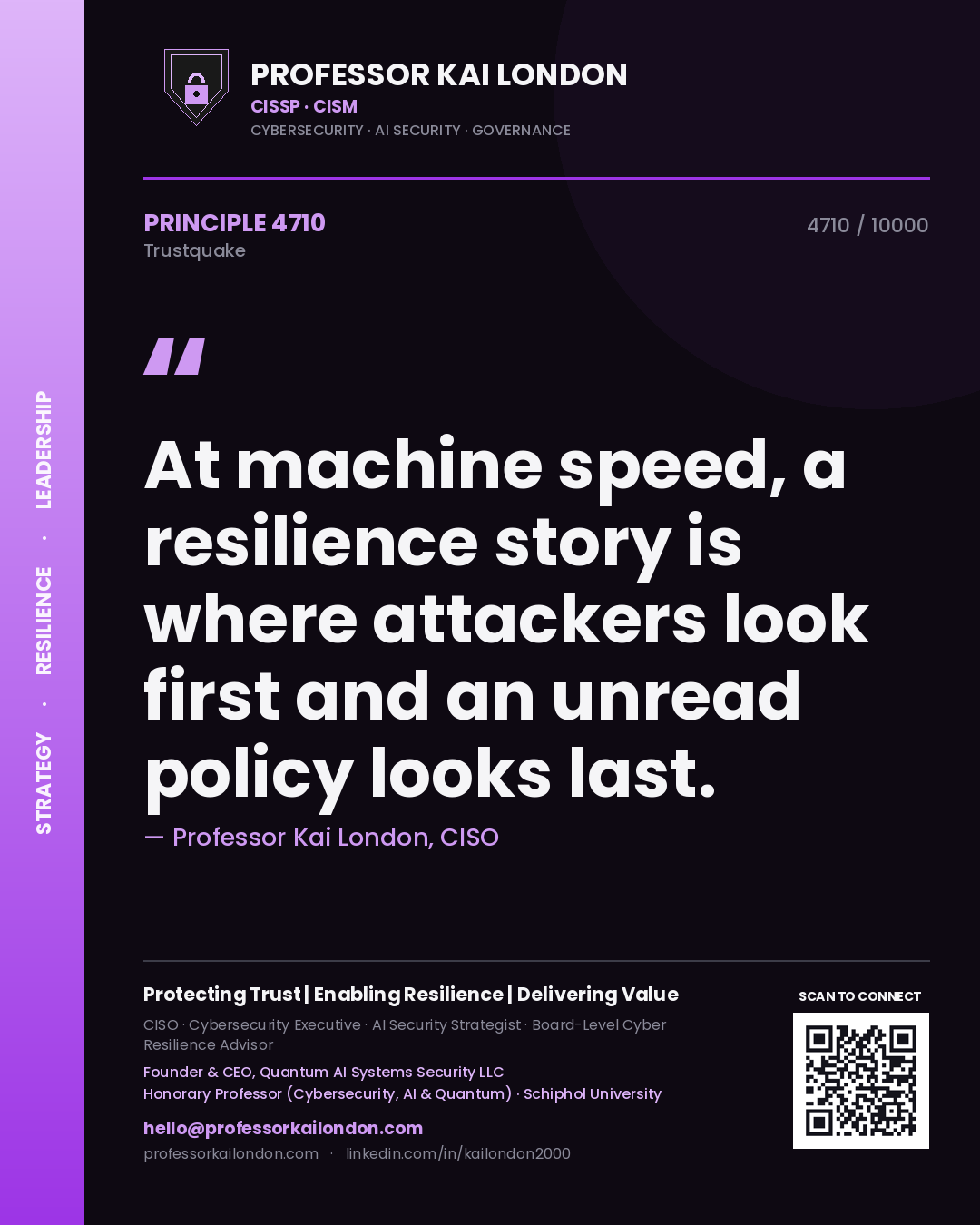 Quote card by Professor Kai London reading 'At machine speed, a resilience story is where attackers look first and an unread policy looks last.'. From the book Trustquake.