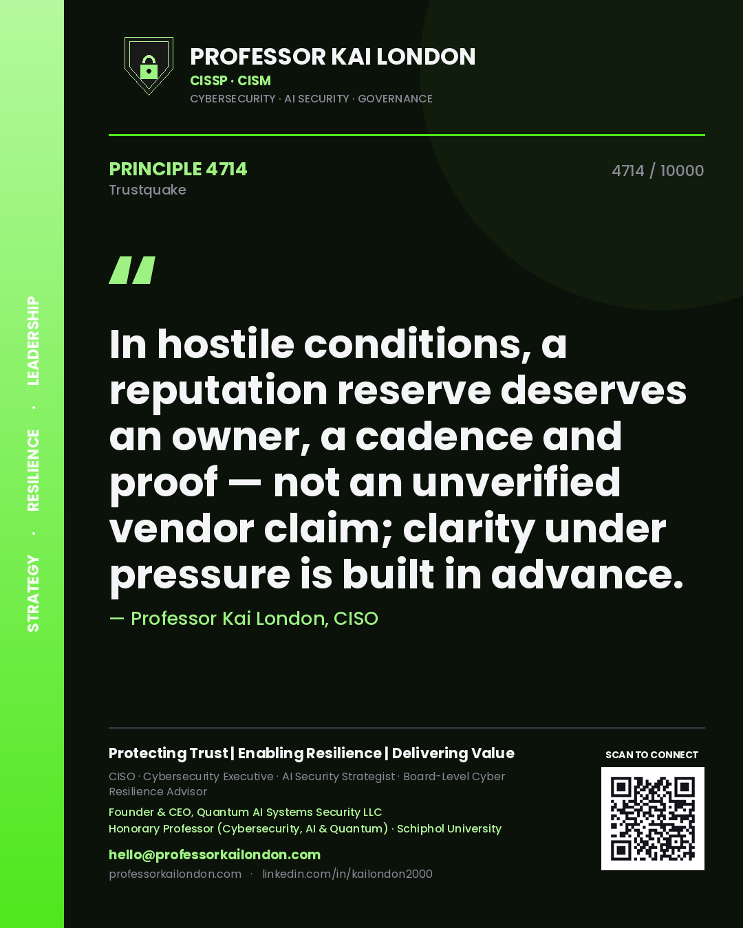 Quote card by Professor Kai London reading 'In hostile conditions, a reputation reserve deserves an owner, a cadence and proof — not an unverified vendor claim; clarity under pressure is built in advance.'. From the book Trustquake.