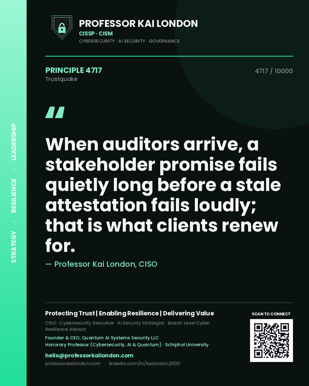 Quote card by Professor Kai London reading 'When auditors arrive, a stakeholder promise fails quietly long before a stale attestation fails loudly; that is what clients renew for.'. From the book Trustquake.