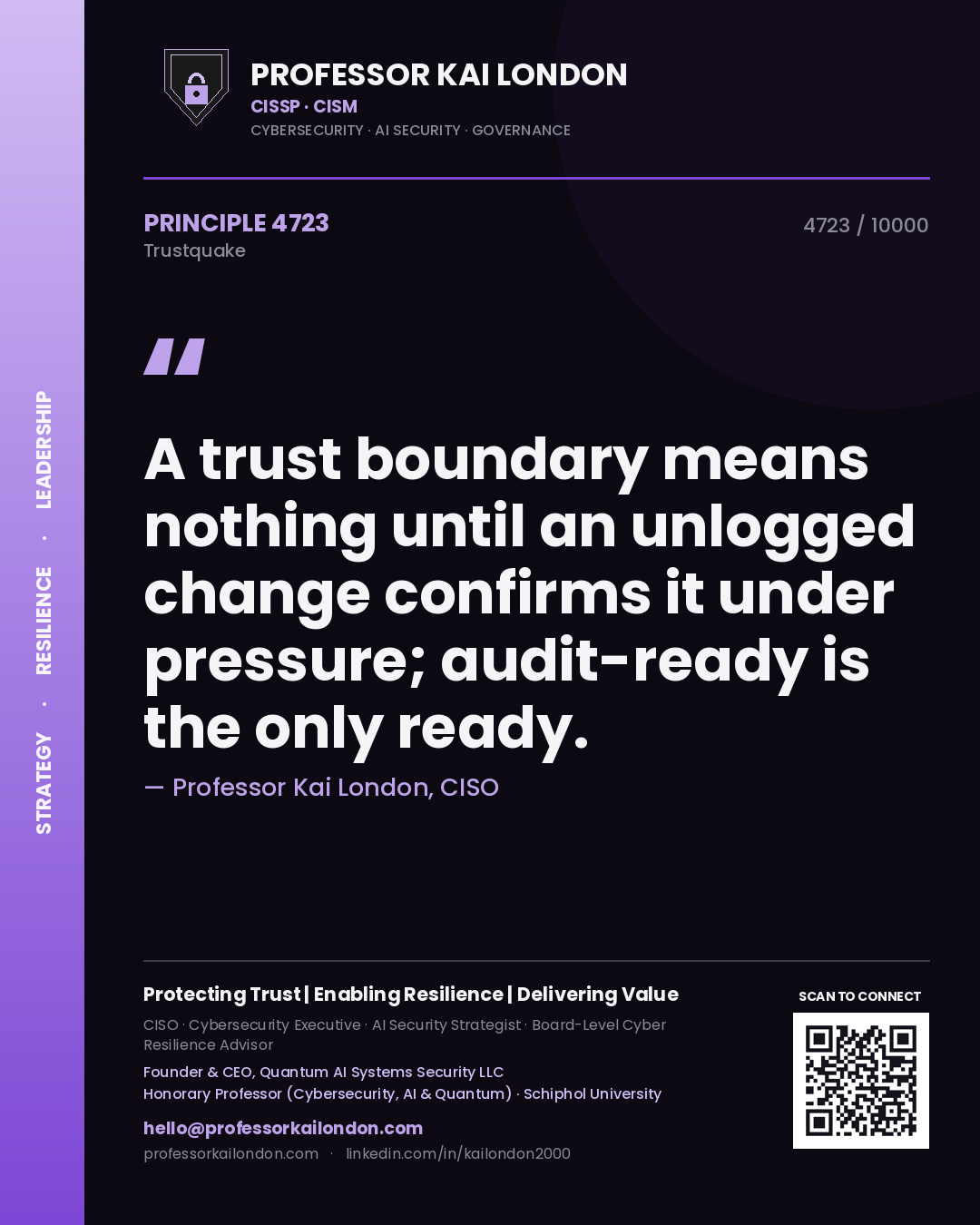 Professor Kai London principle 4723: A trust boundary means nothing until an unlogged change confirms it under pressure; audit-ready is the only ready.