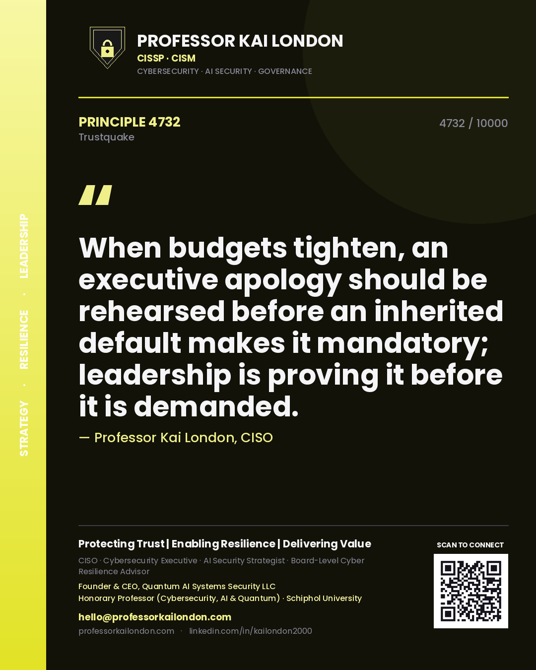 Quote card by Professor Kai London reading 'When budgets tighten, an executive apology should be rehearsed before an inherited default makes it mandatory; leadership is proving it before it is demanded.'. From the book Trustquake.