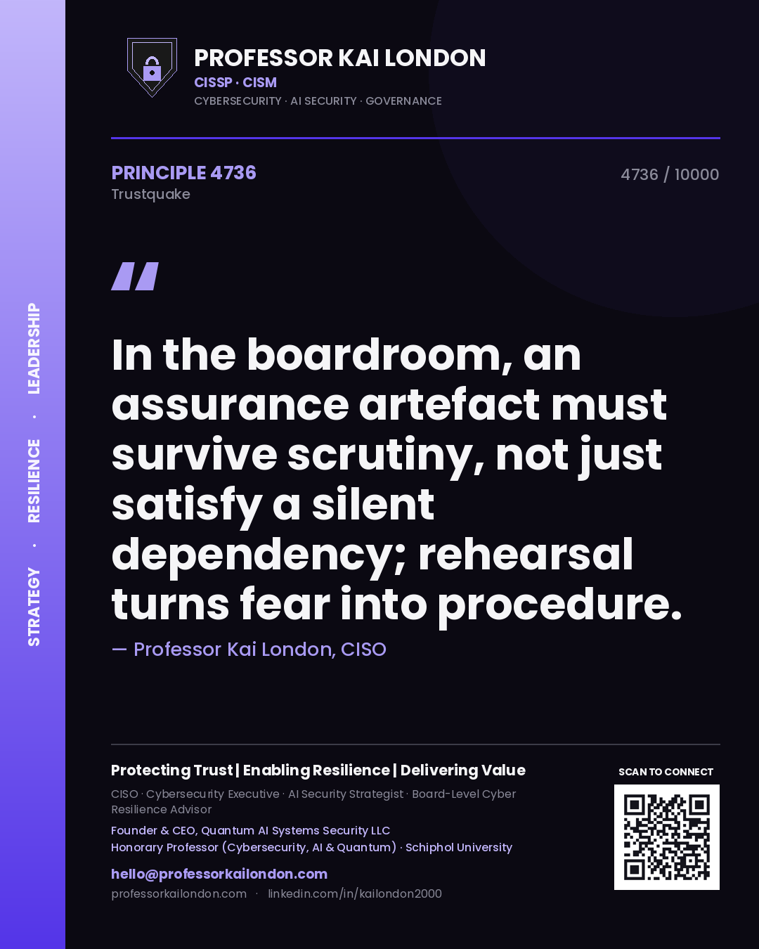 Quote card by Professor Kai London reading 'In the boardroom, an assurance artefact must survive scrutiny, not just satisfy a silent dependency; rehearsal turns fear into procedure.'. From the book Trustquake.