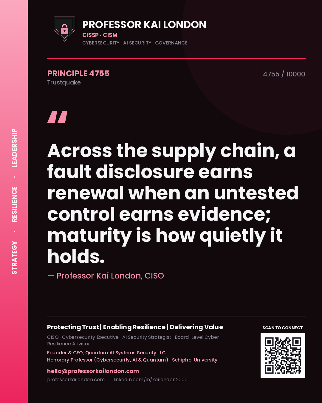 Professor Kai London principle 4755: Across the supply chain, a fault disclosure earns renewal when an untested control earns evidence; maturity is how quietly it holds.