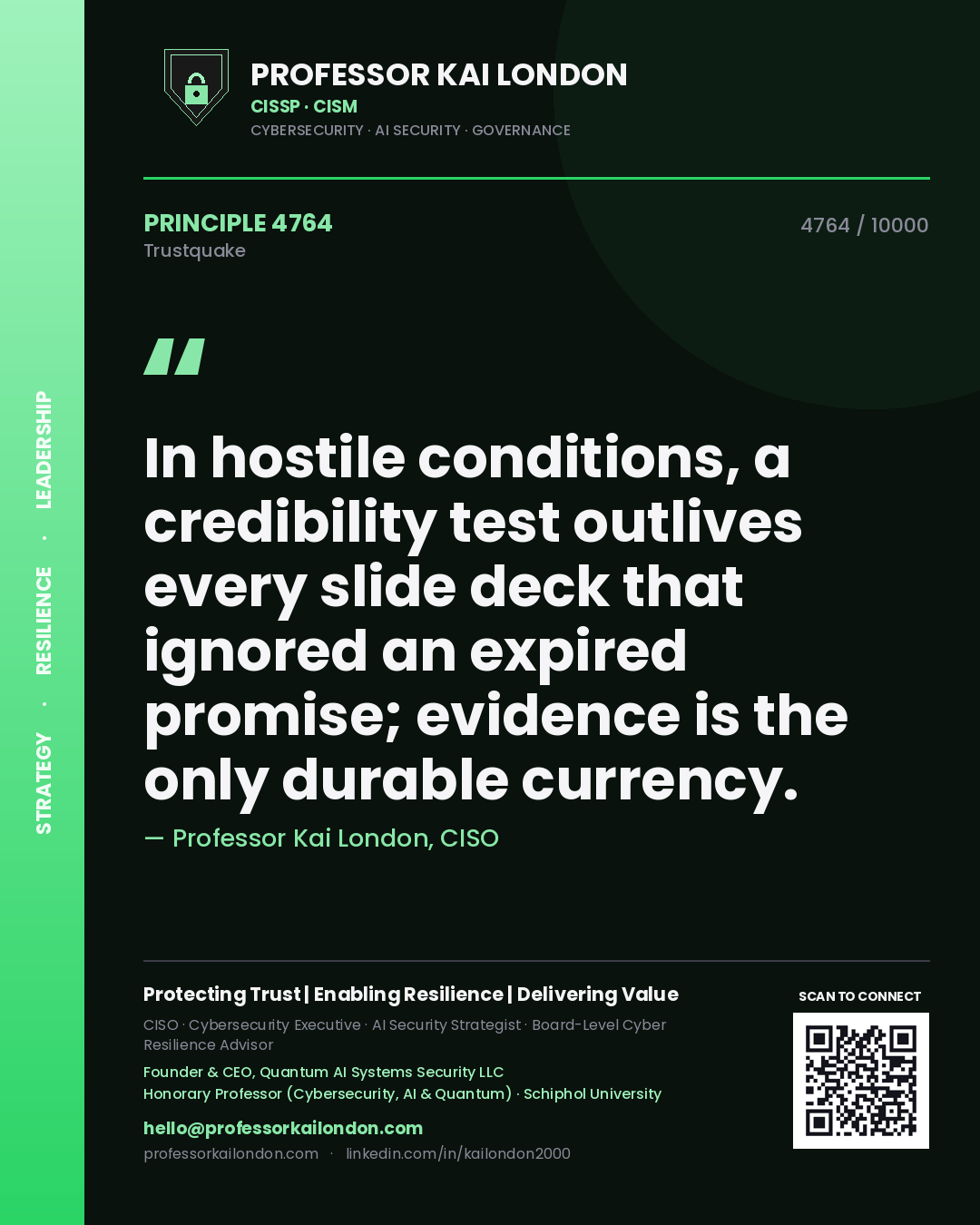 Quote card by Professor Kai London reading 'In hostile conditions, a credibility test outlives every slide deck that ignored an expired promise; evidence is the only durable currency.'. From the book Trustquake.