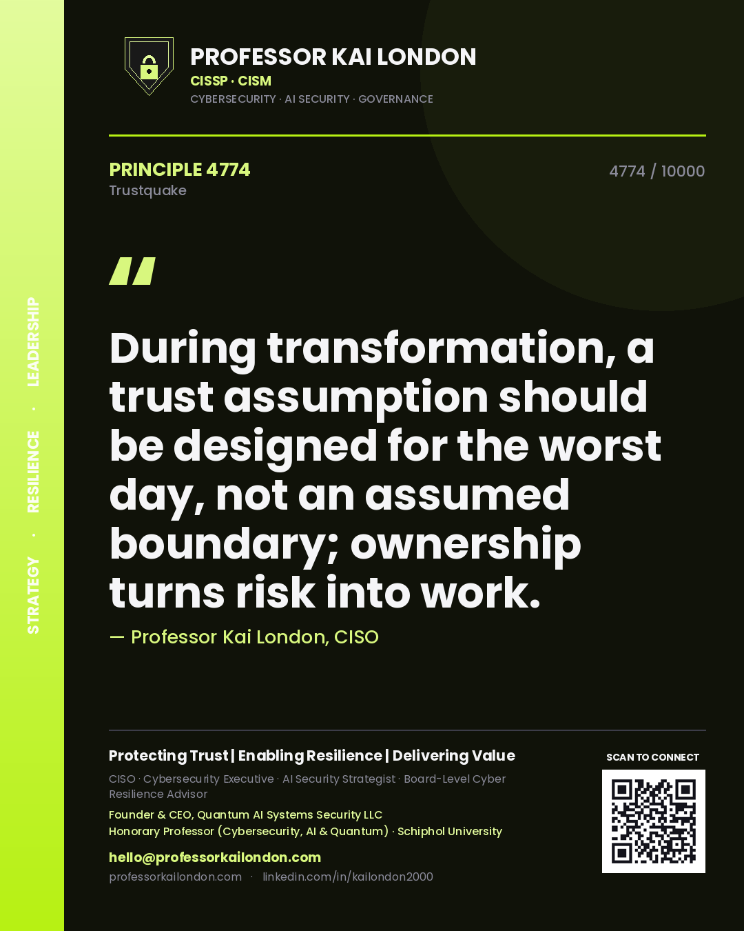 Quote card by Professor Kai London reading 'During transformation, a trust assumption should be designed for the worst day, not an assumed boundary; ownership turns risk into work.'. From the book Trustquake.