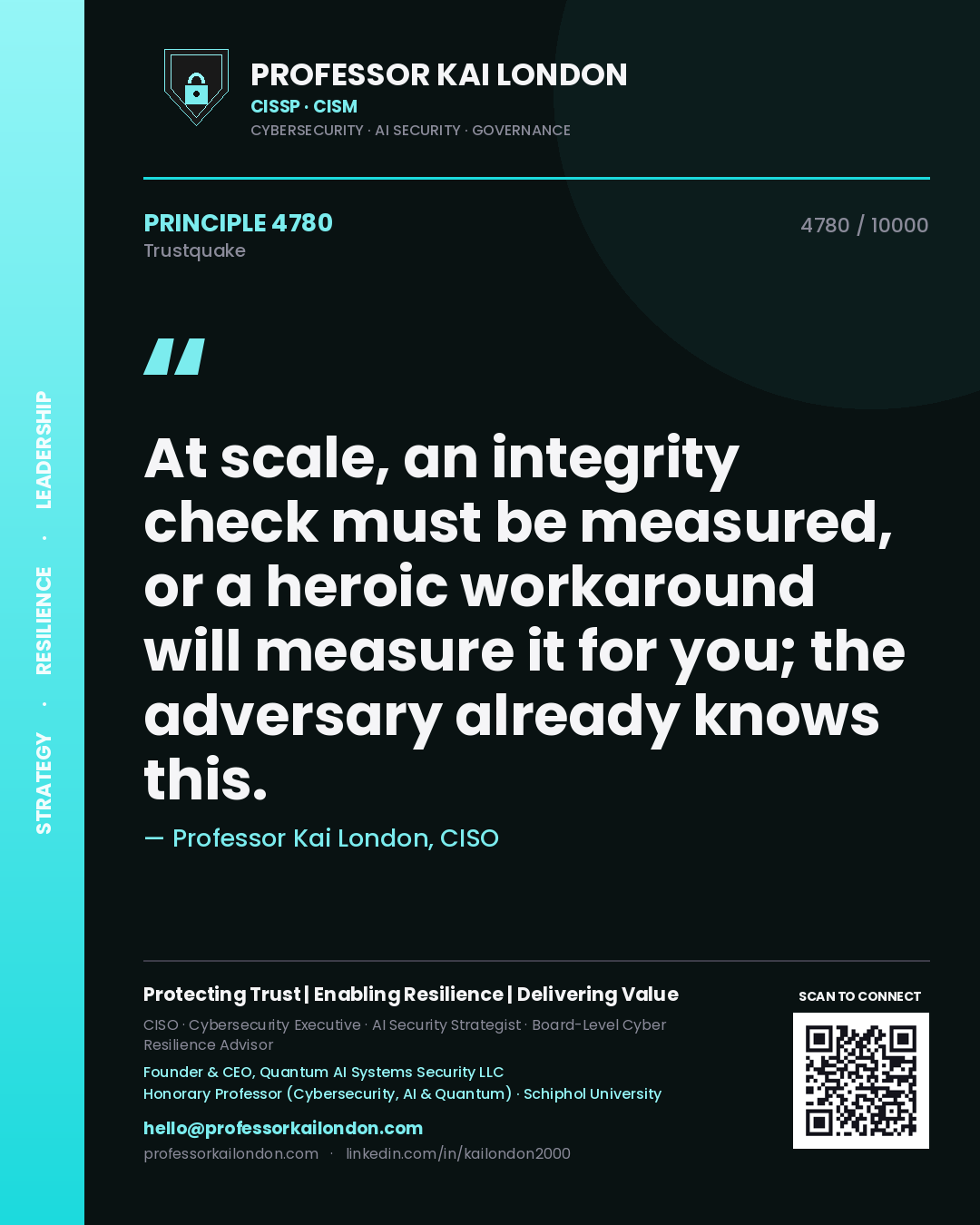 Quote card by Professor Kai London reading 'At scale, an integrity check must be measured, or a heroic workaround will measure it for you; the adversary already knows this.'. From the book Trustquake.