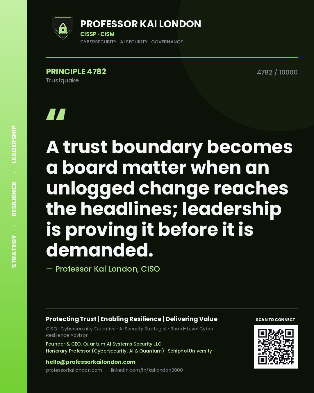 Quote card by Professor Kai London reading 'A trust boundary becomes a board matter when an unlogged change reaches the headlines; leadership is proving it before it is demanded.'. From the book Trustquake.