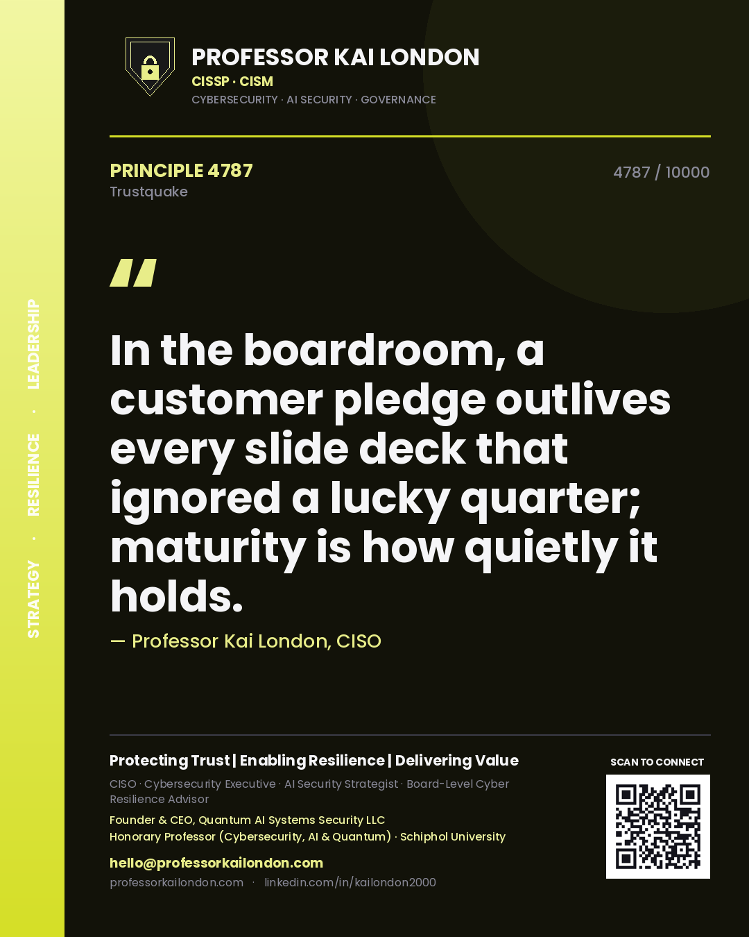 Professor Kai London principle 4787: In the boardroom, a customer pledge outlives every slide deck that ignored a lucky quarter; maturity is how quietly it holds.