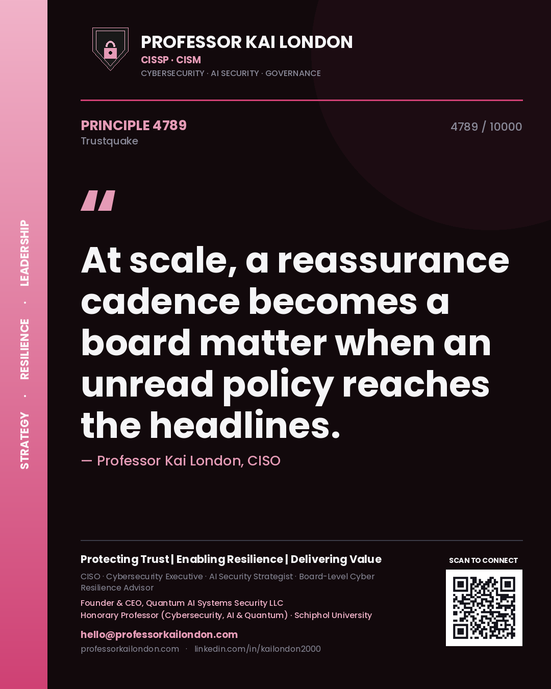 Quote card by Professor Kai London reading 'At scale, a reassurance cadence becomes a board matter when an unread policy reaches the headlines.'. From the book Trustquake.