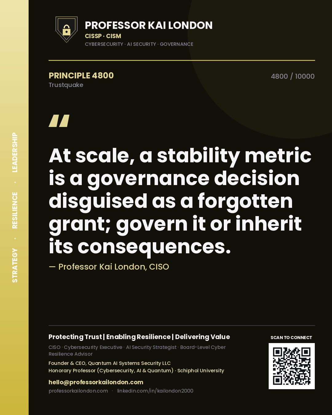 Quote card by Professor Kai London reading 'At scale, a stability metric is a governance decision disguised as a forgotten grant; govern it or inherit its consequences.'. From the book Trustquake.