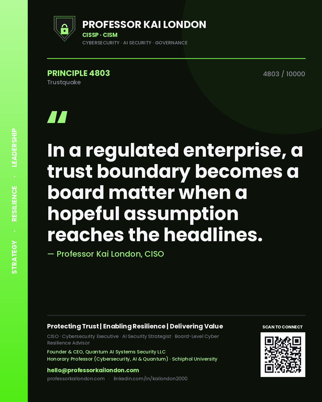 Professor Kai London principle 4803: In a regulated enterprise, a trust boundary becomes a board matter when a hopeful assumption reaches the headlines.