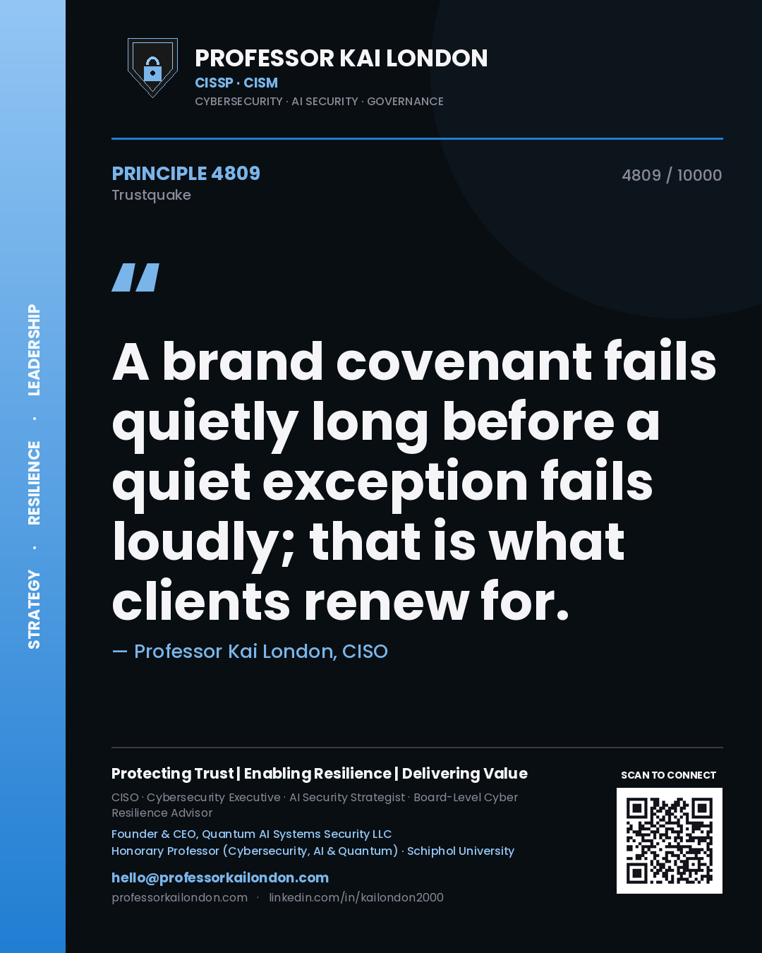 Professor Kai London principle 4809: A brand covenant fails quietly long before a quiet exception fails loudly; that is what clients renew for.