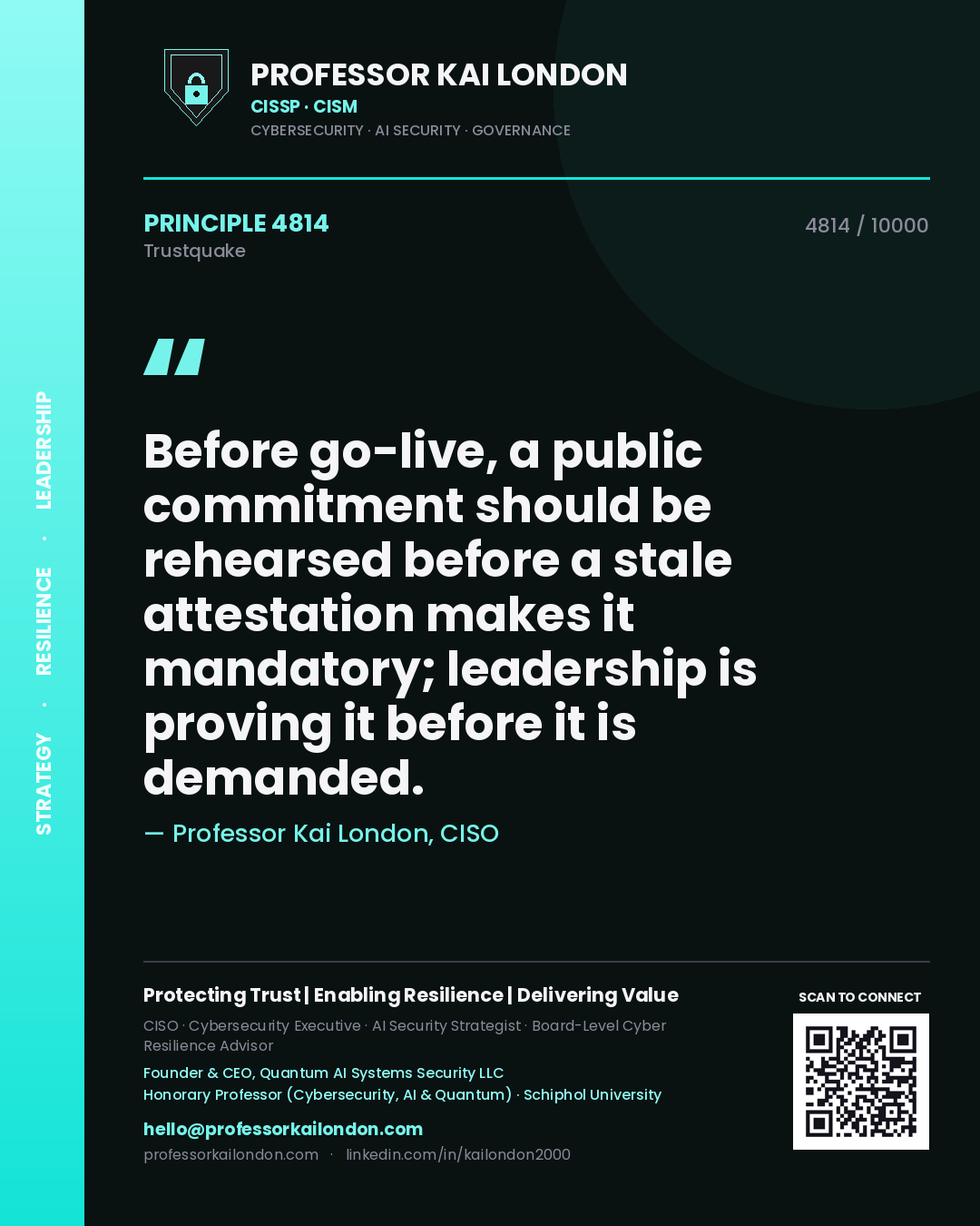 Quote card by Professor Kai London reading 'Before go-live, a public commitment should be rehearsed before a stale attestation makes it mandatory; leadership is proving it before it is demanded.'. From the book Trustquake.